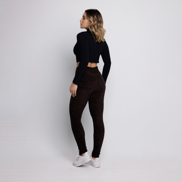 Calça Legging Veludo Cotelê Cós Alto Marrom - VEKYO