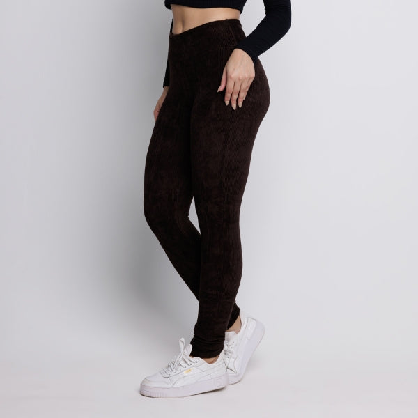 Calça Legging Veludo Cotelê Cós Alto Marrom - VEKYO