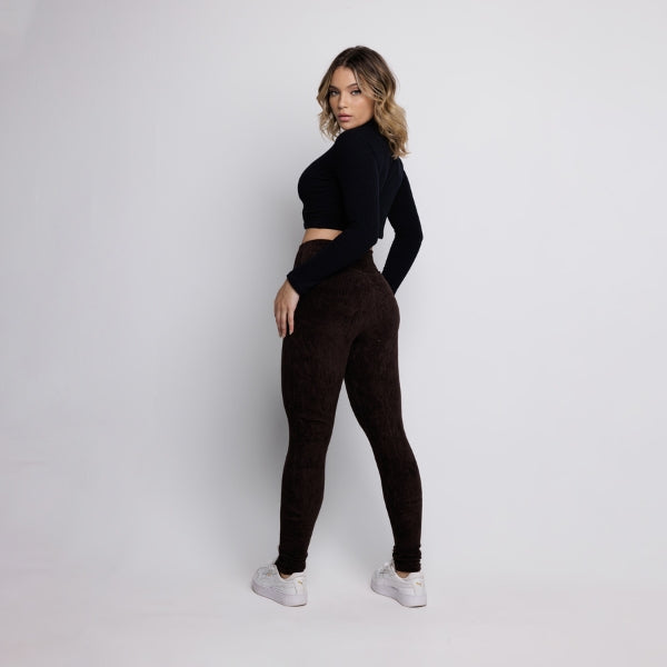 Calça Legging Veludo Cotelê Cós Alto Marrom - VEKYO
