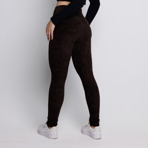 Calça Legging Veludo Cotelê Cós Alto Marrom - VEKYO