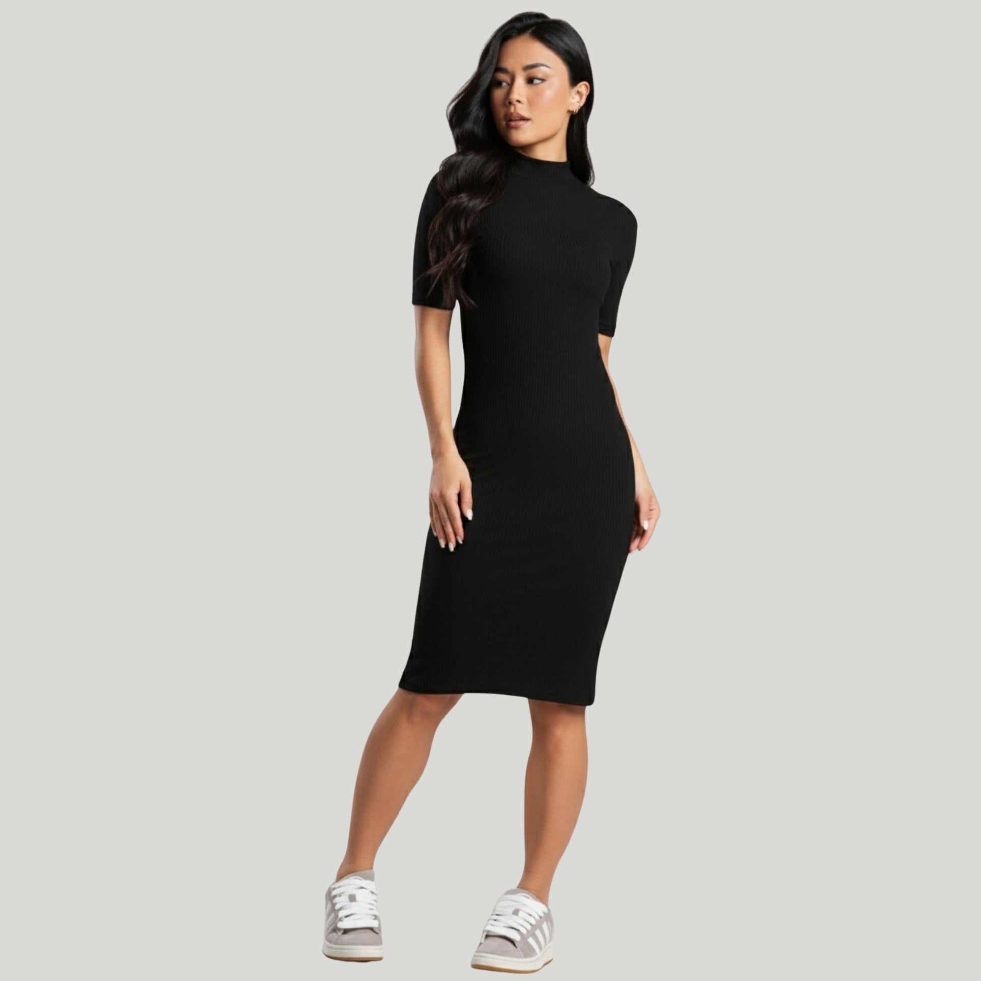 Vestido Midi Gola Alta Canelado Preto - VEKYO