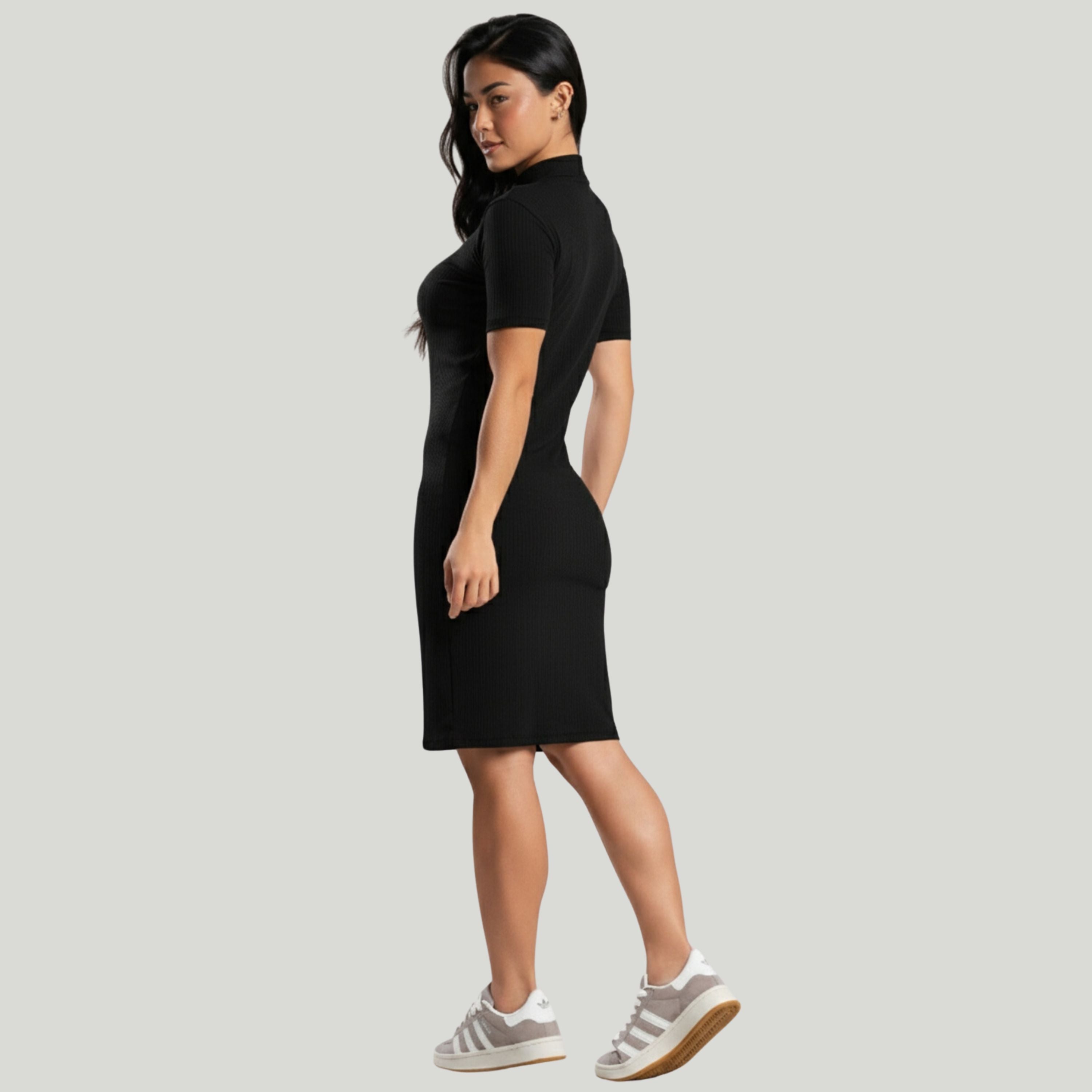 Vestido Midi Gola Alta Canelado Preto - VEKYO