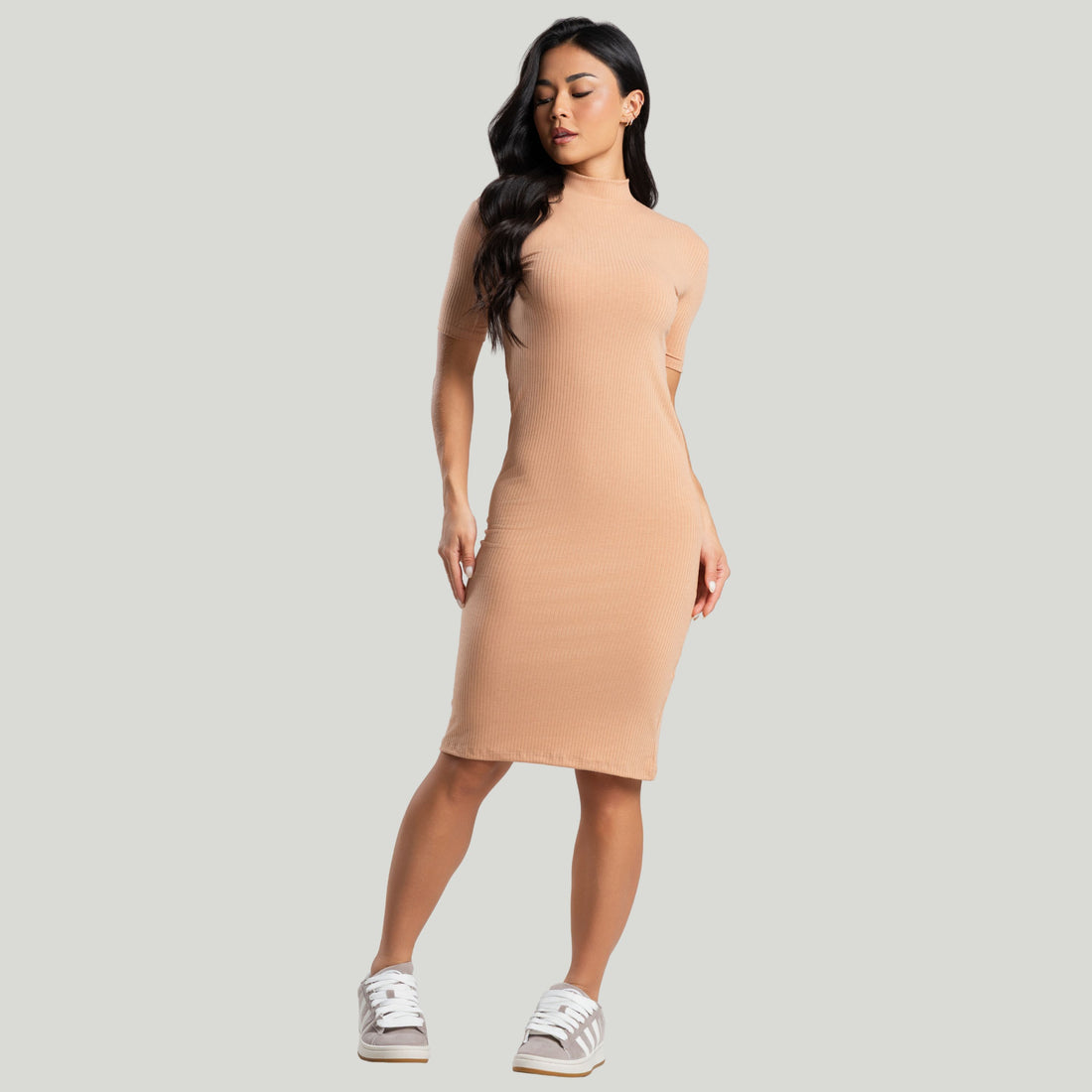 Vestido Midi Gola Alta Canelado Caramelo - VEKYO