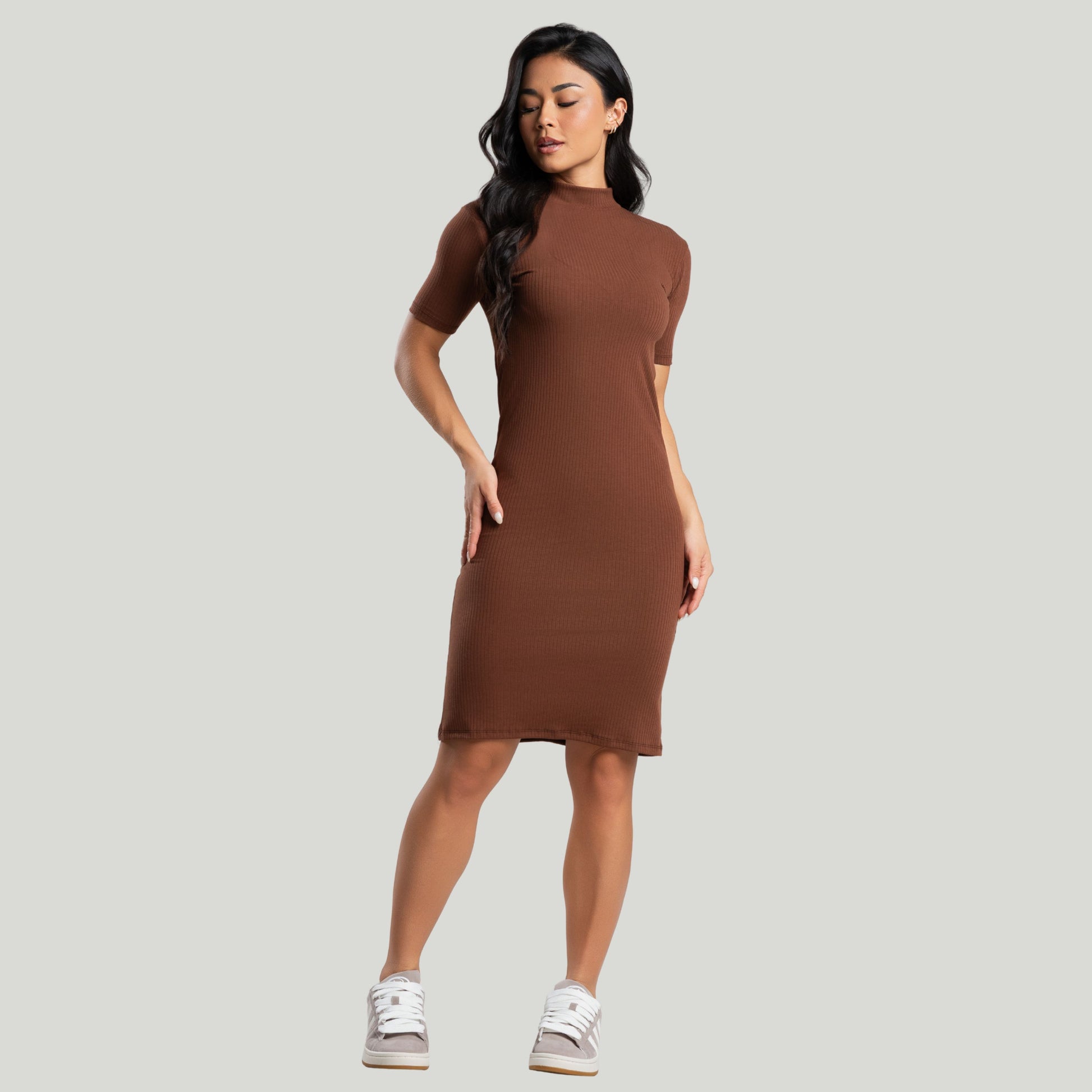 Vestido Midi Gola Alta Canelado Marrom - VEKYO