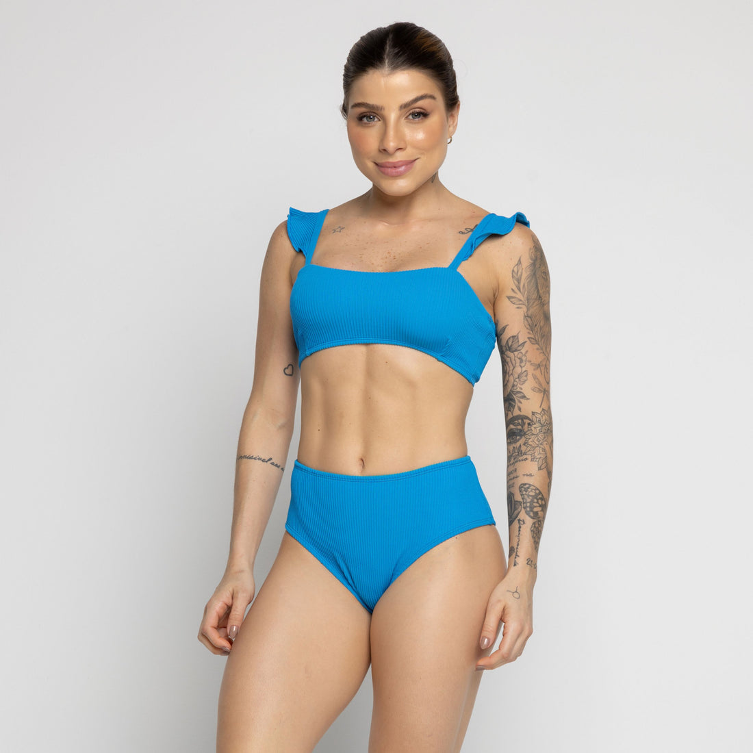 Biquíni Hot Pants Texturizado Com Babado Azul - VEKYO