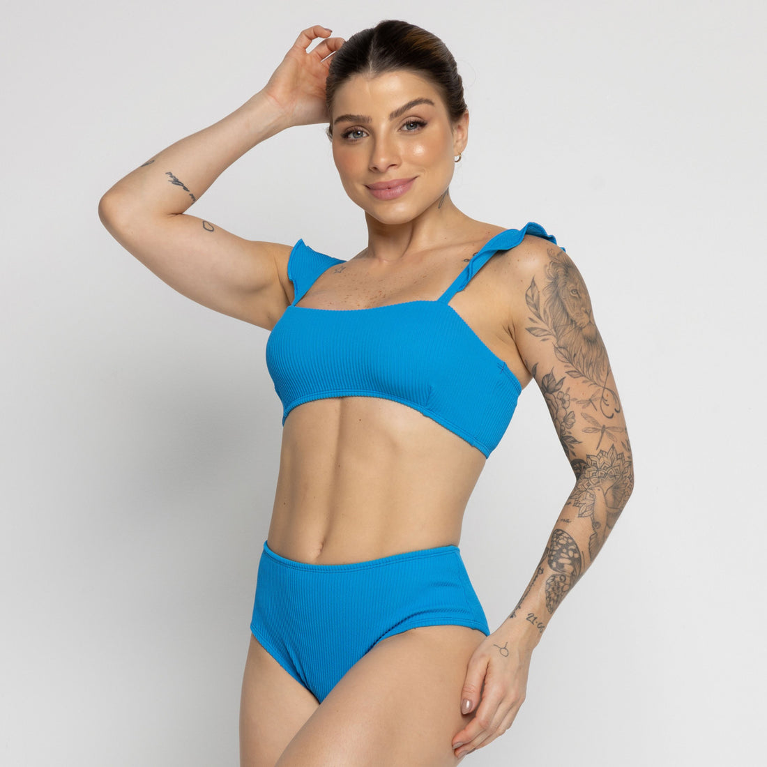 Biquíni Hot Pants Texturizado Com Babado Azul - VEKYO