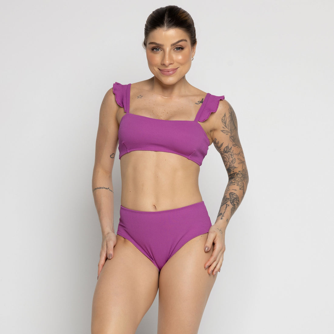 Biquíni Hot Pants Texturizado Com Babado Roxo - VEKYO