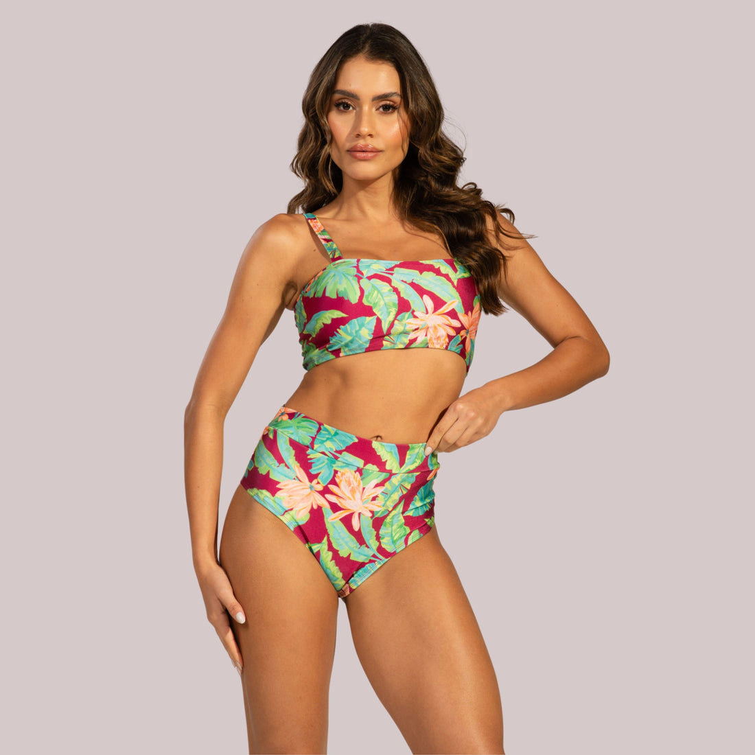 Biquíni Top Faixa Estampado Cintura Alta Rosa - VEKYO
