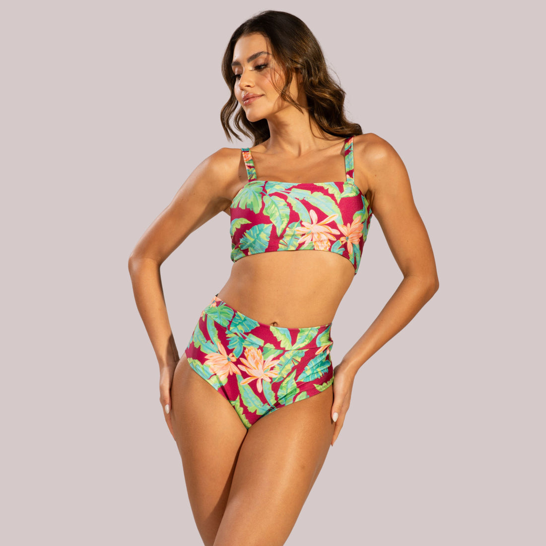 Biquíni Top Faixa Estampado Cintura Alta Rosa - VEKYO