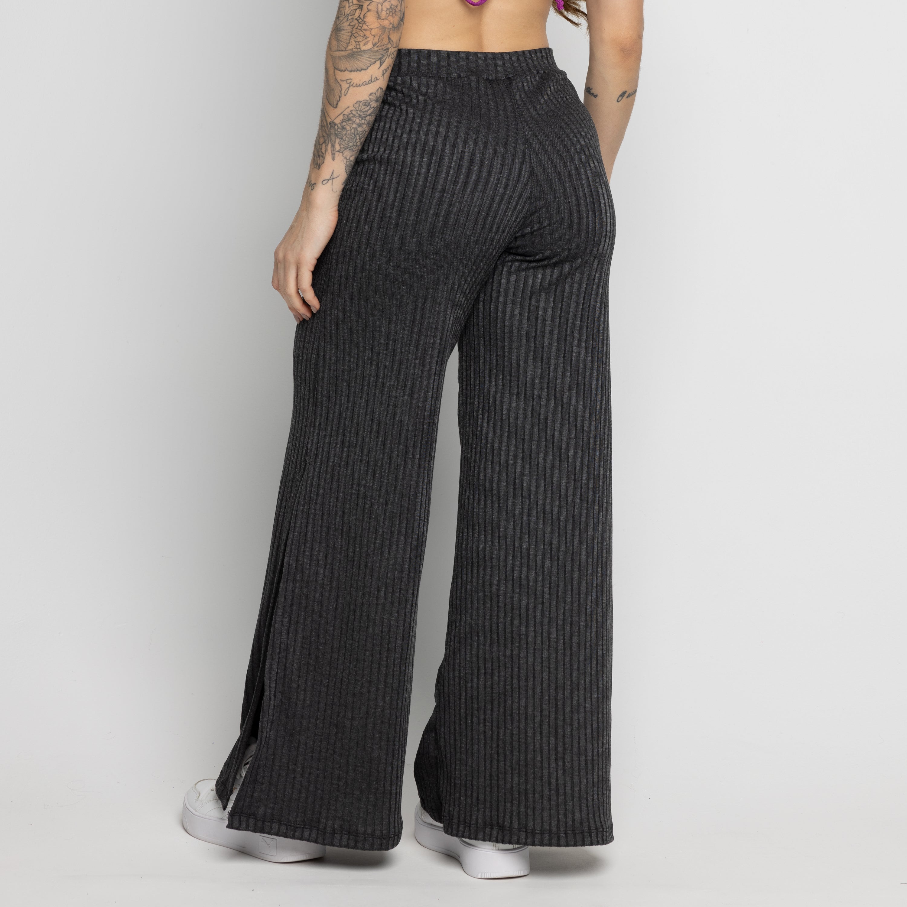 Calça Flare Pantalona Cintura Alta Com Fenda Chumbo - VEKYO