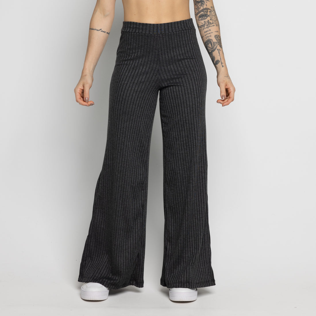 Calça Flare Pantalona Cintura Alta Com Fenda Chumbo - VEKYO