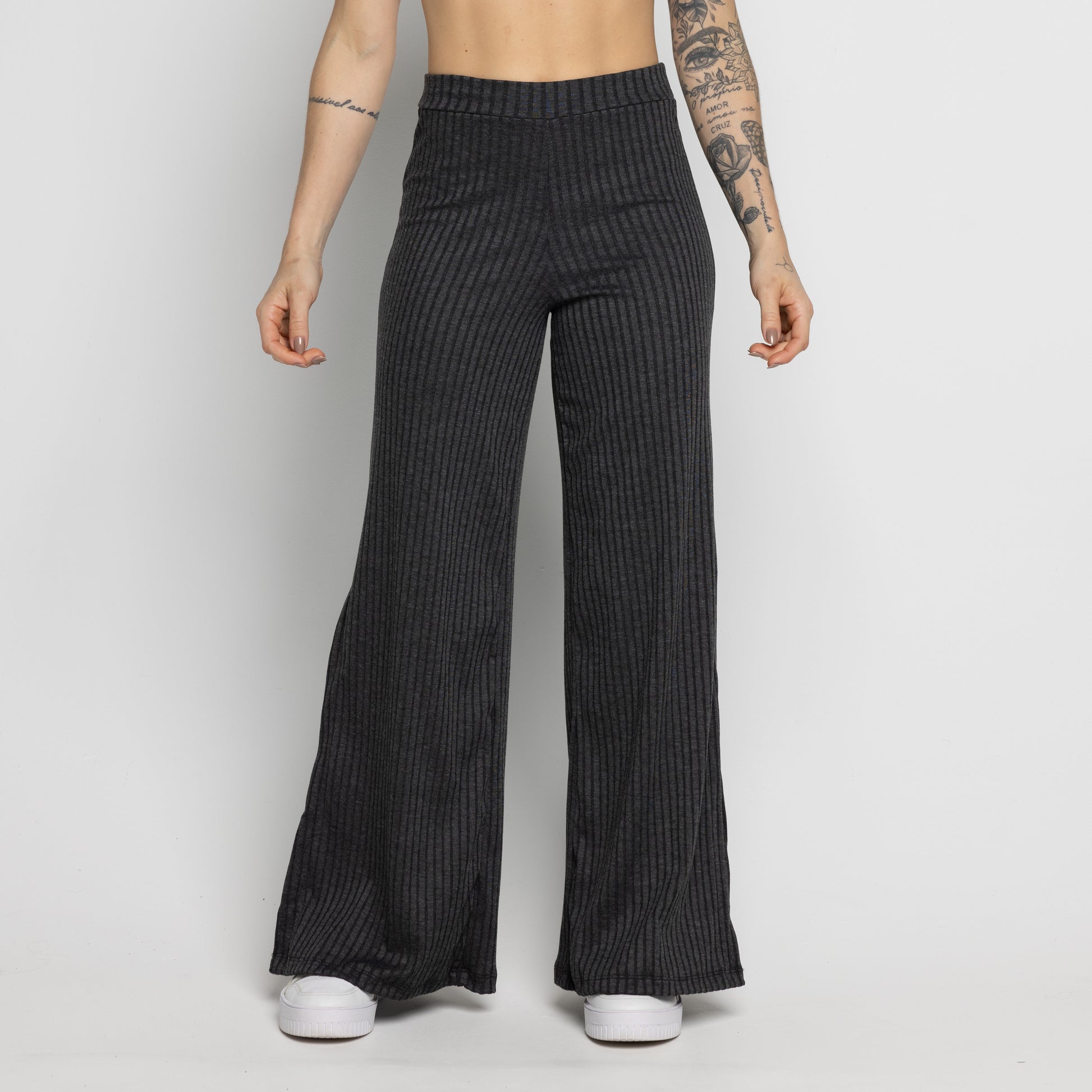 Calça Flare Pantalona Cintura Alta Com Fenda Chumbo - VEKYO