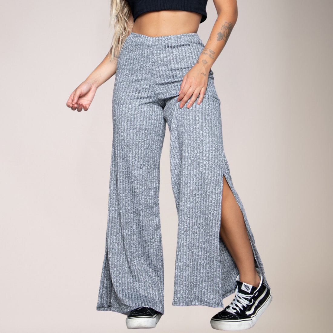 Calça Flare Pantalona Cintura Alta Com Fenda Cinza - VEKYO