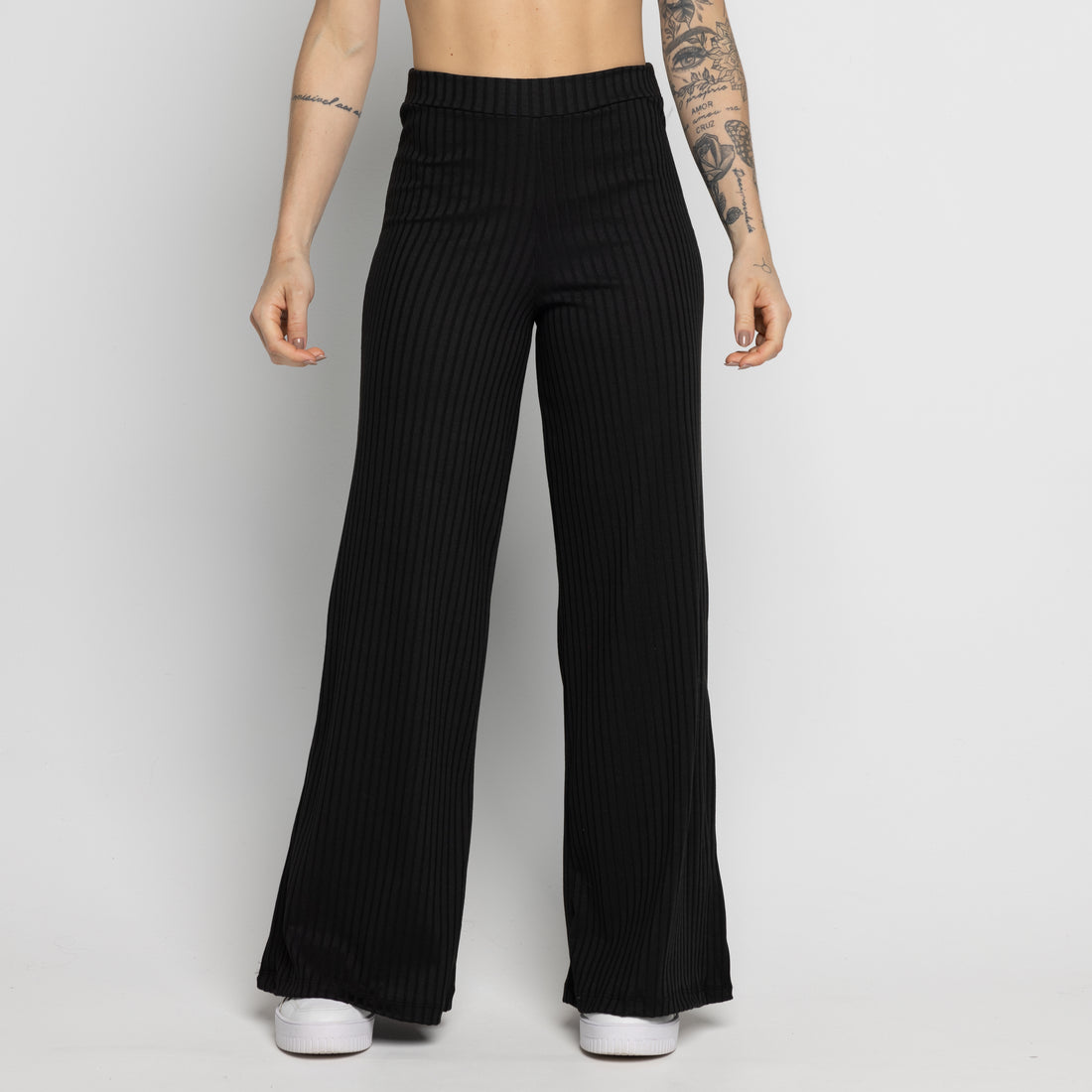 Calça Flare Pantalona Cintura Alta Com Fenda Preto - VEKYO