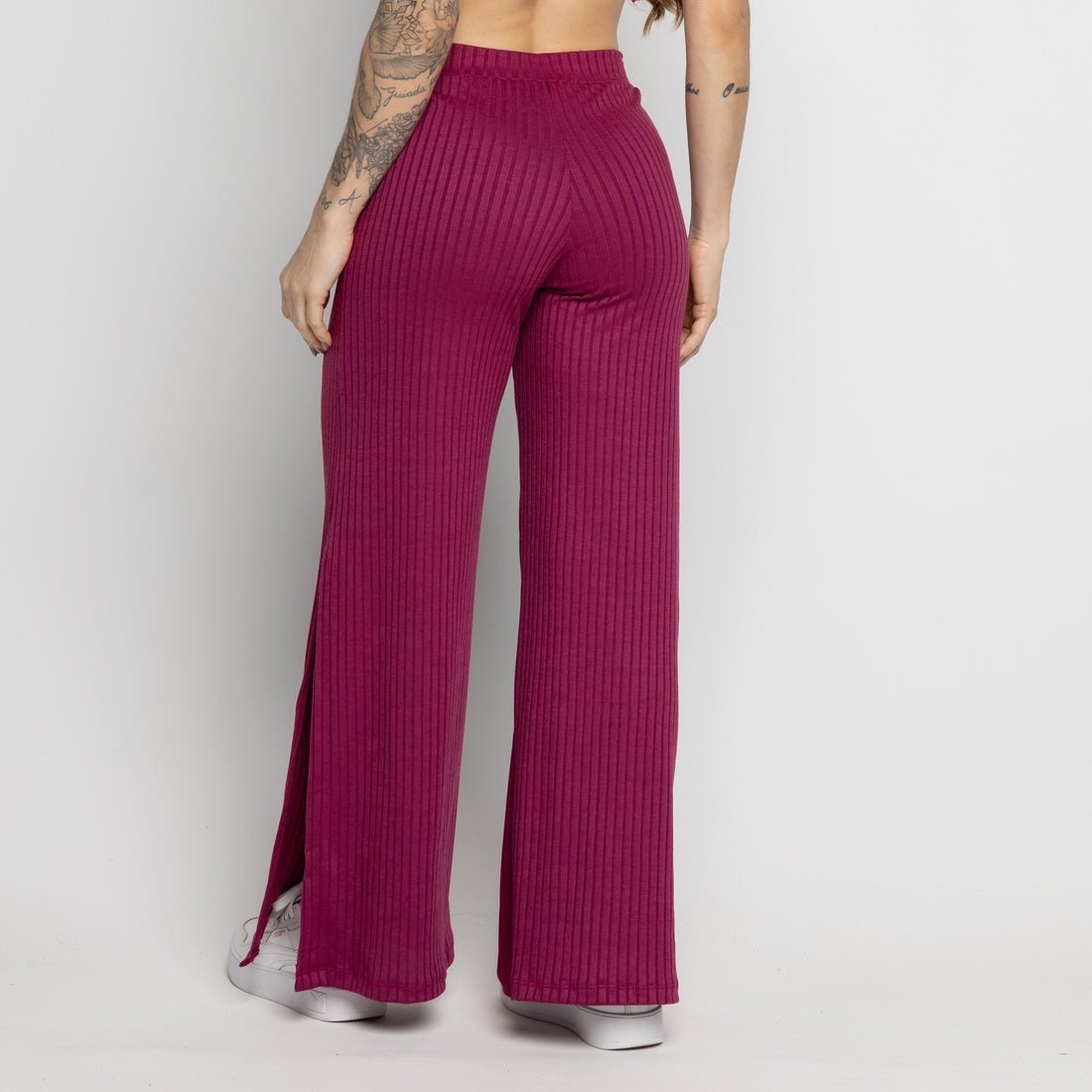 Calça Flare Pantalona Cintura Alta Com Fenda Vinho - VEKYO