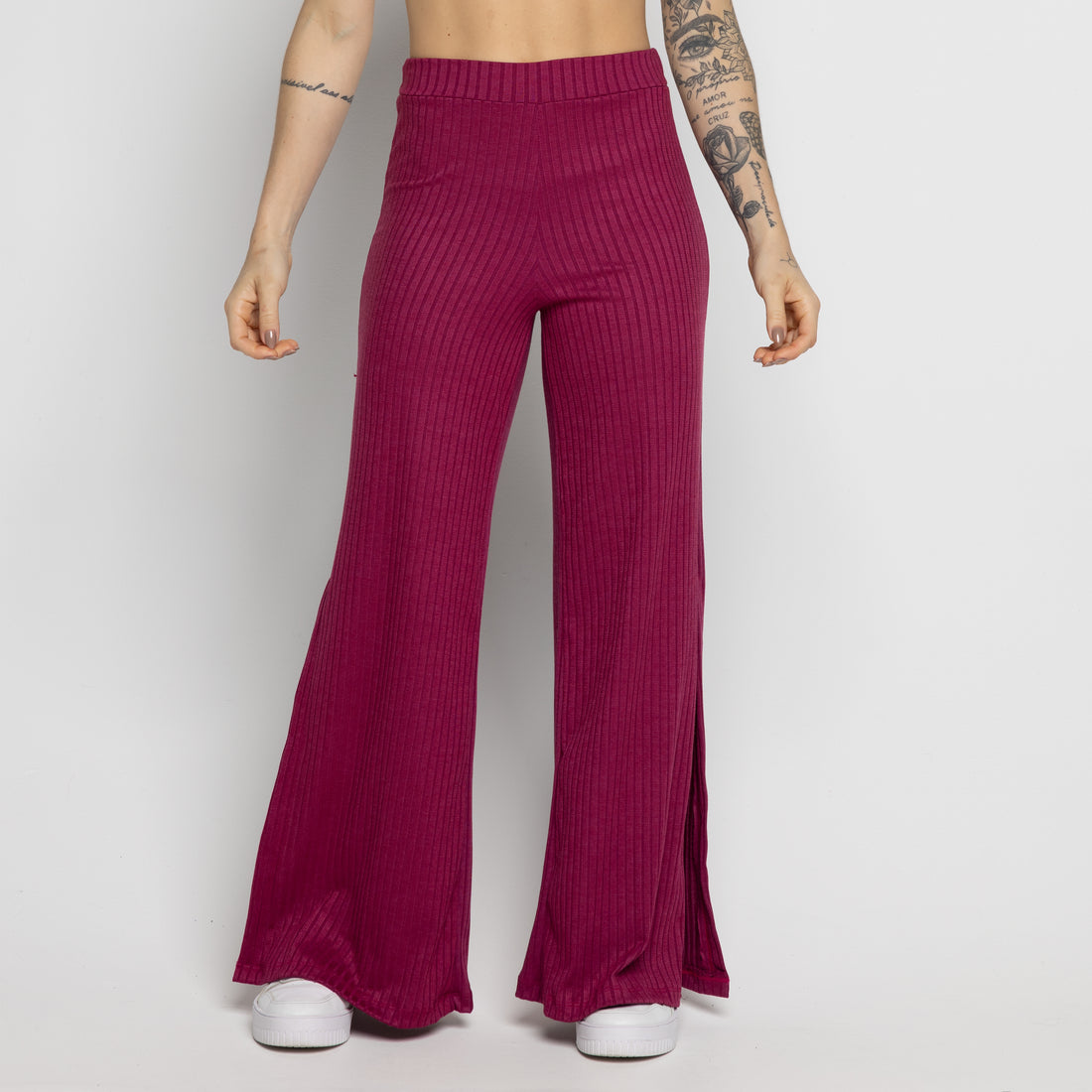 Calça Flare Pantalona Cintura Alta Com Fenda Vinho - VEKYO