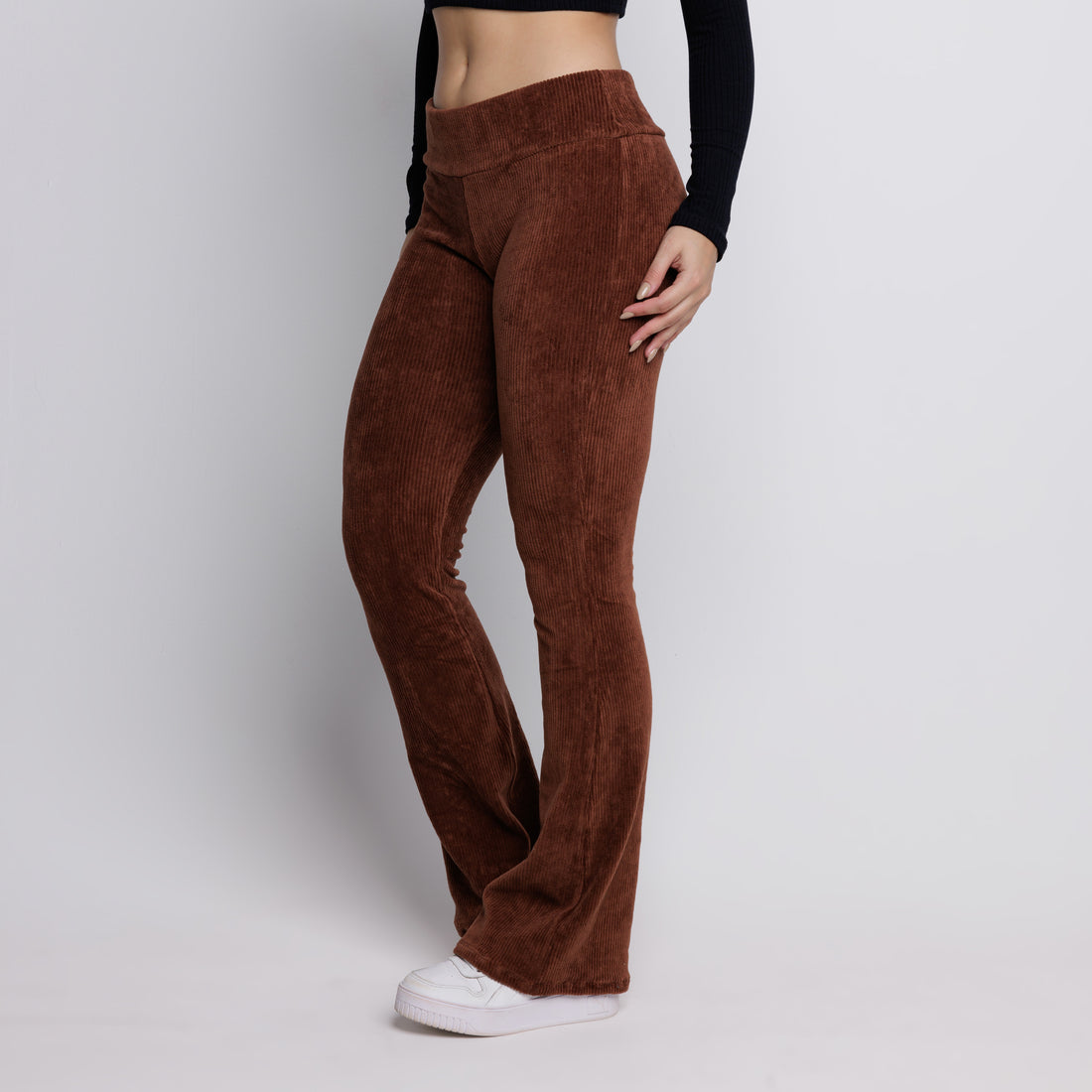 Calça Flare Veludo Cotelê Cintura Alta Marrom - VEKYO
