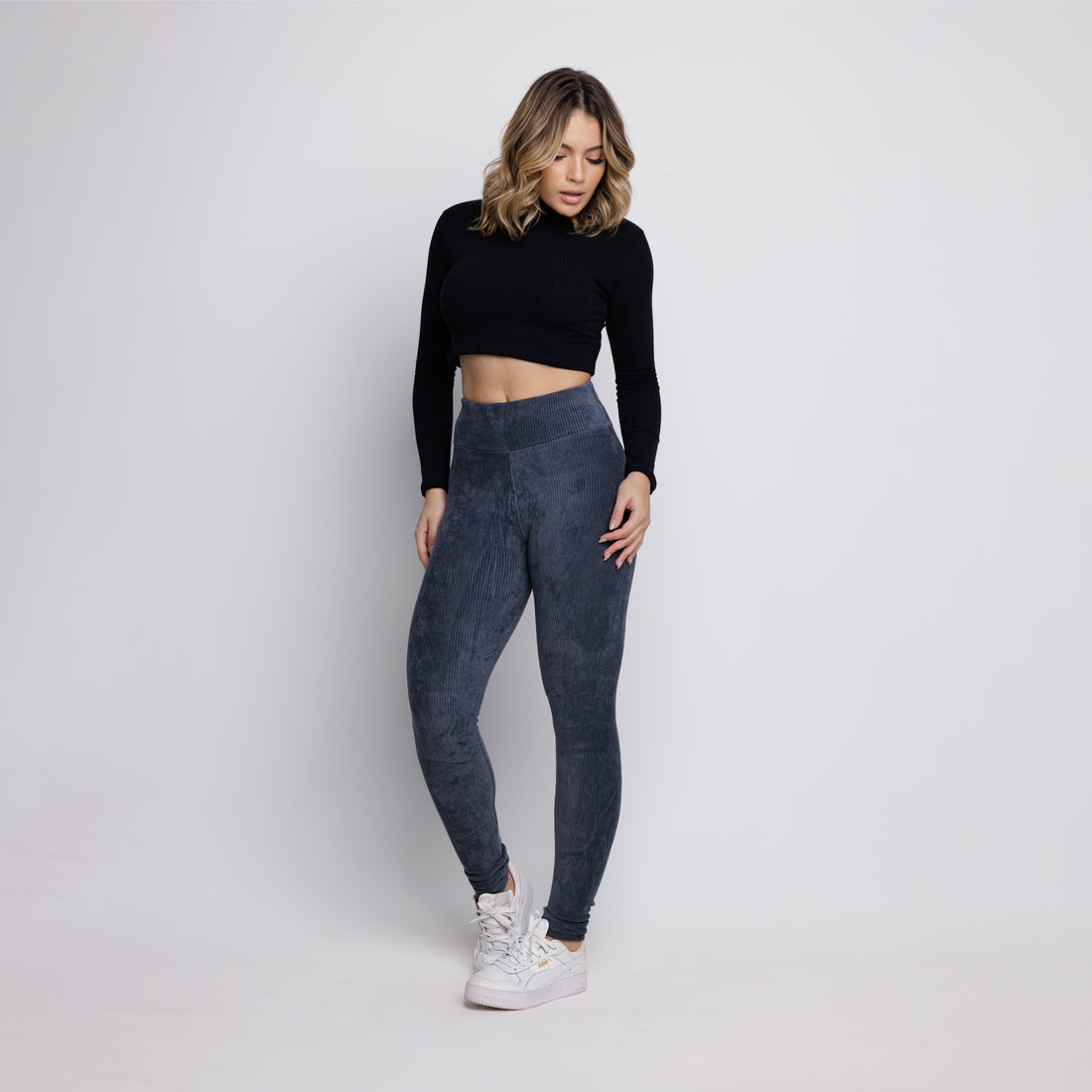 Calça Legging Veludo Cotelê Cós Alto Cinza - VEKYO