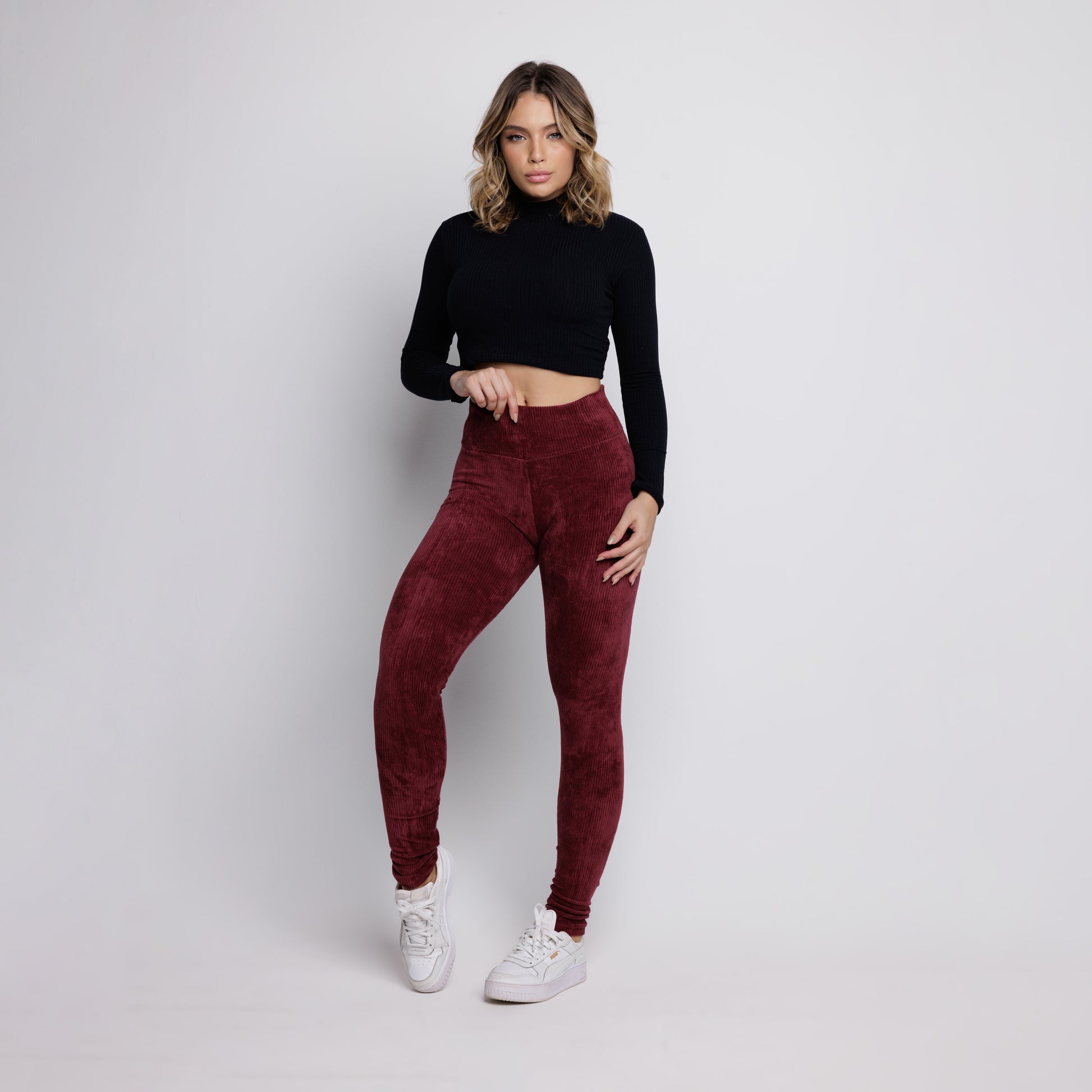 Calça Legging Veludo Cotelê Cós Alto Vinho - VEKYO