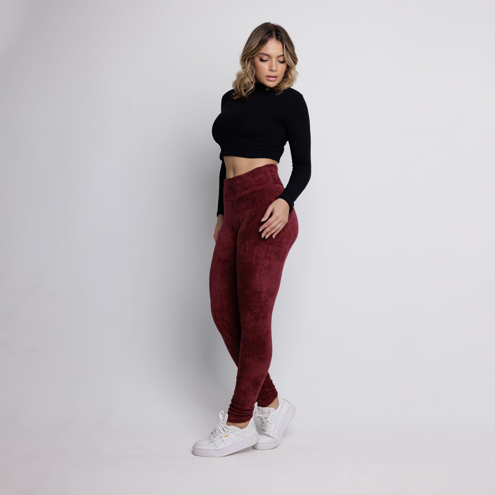 Calça Legging Veludo Cotelê Cós Alto Vinho - VEKYO