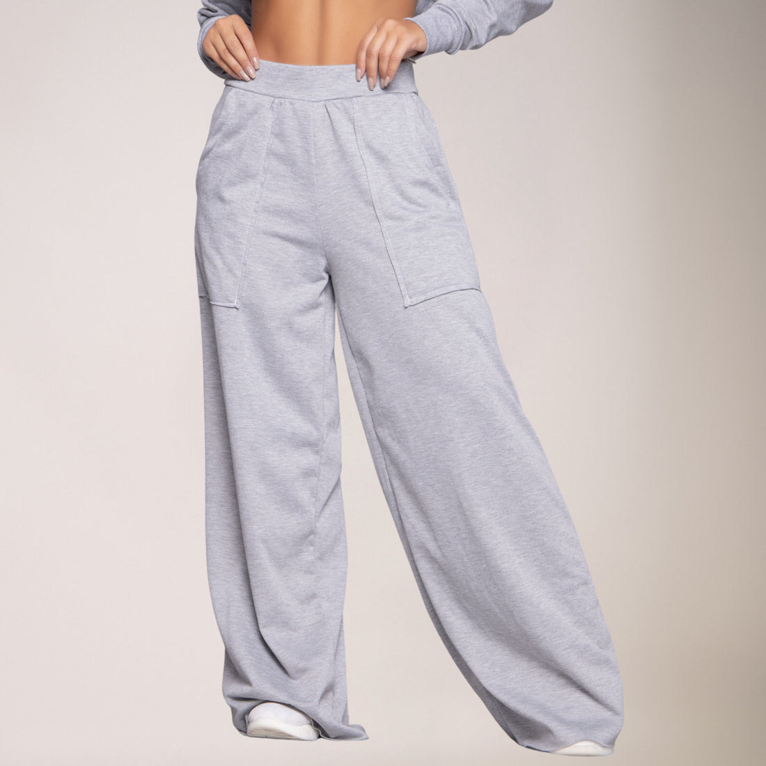 Calça Wide Leg Pantalona Cintura Alta Bolso Moletinho Cinza - VEKYO