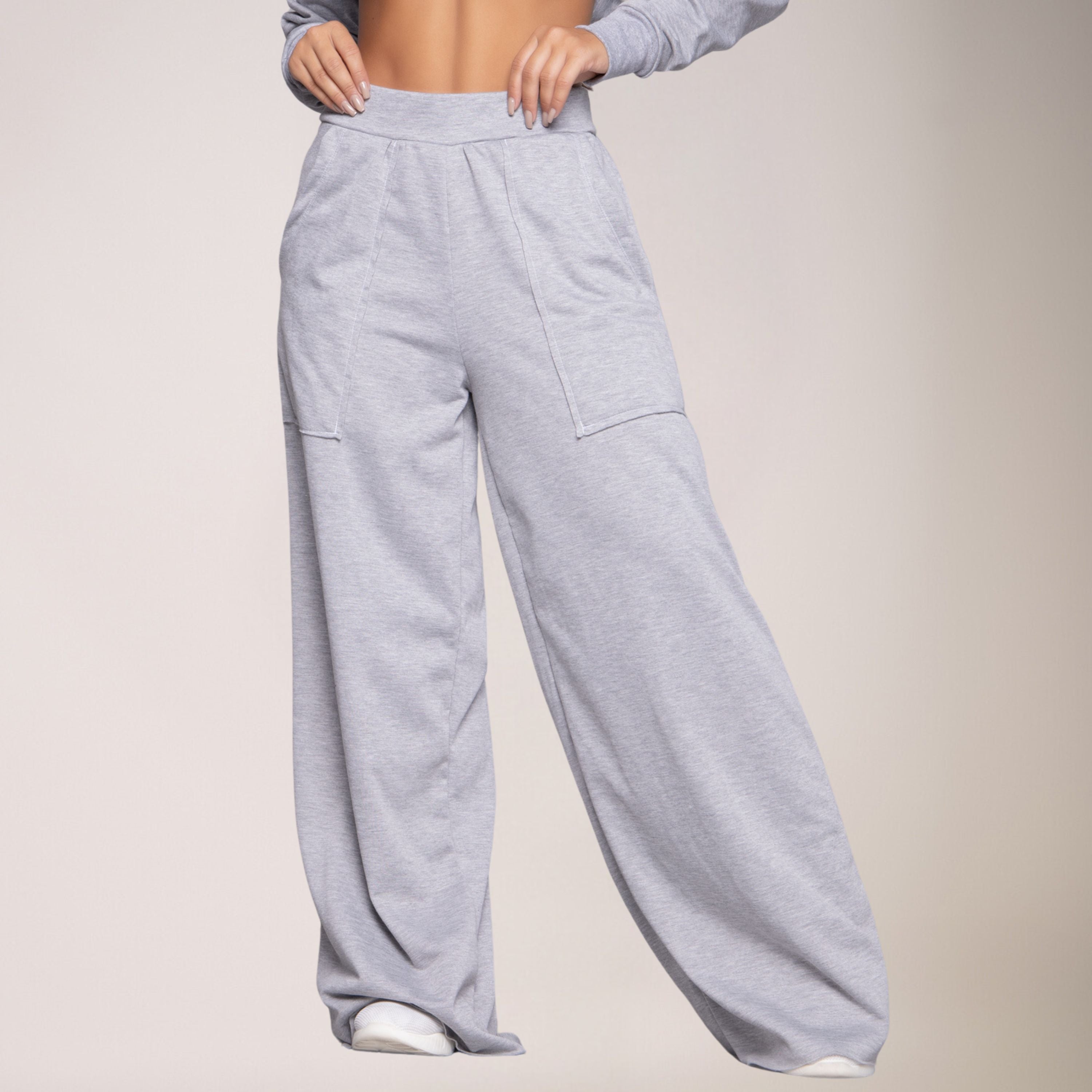 Calça Wide Leg Pantalona Cintura Alta Bolso Moletinho Cinza - VEKYO