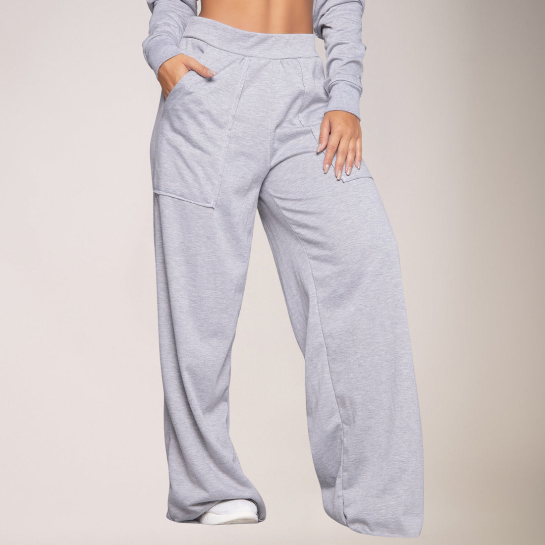 Calça Wide Leg Pantalona Cintura Alta Bolso Moletinho Cinza - VEKYO
