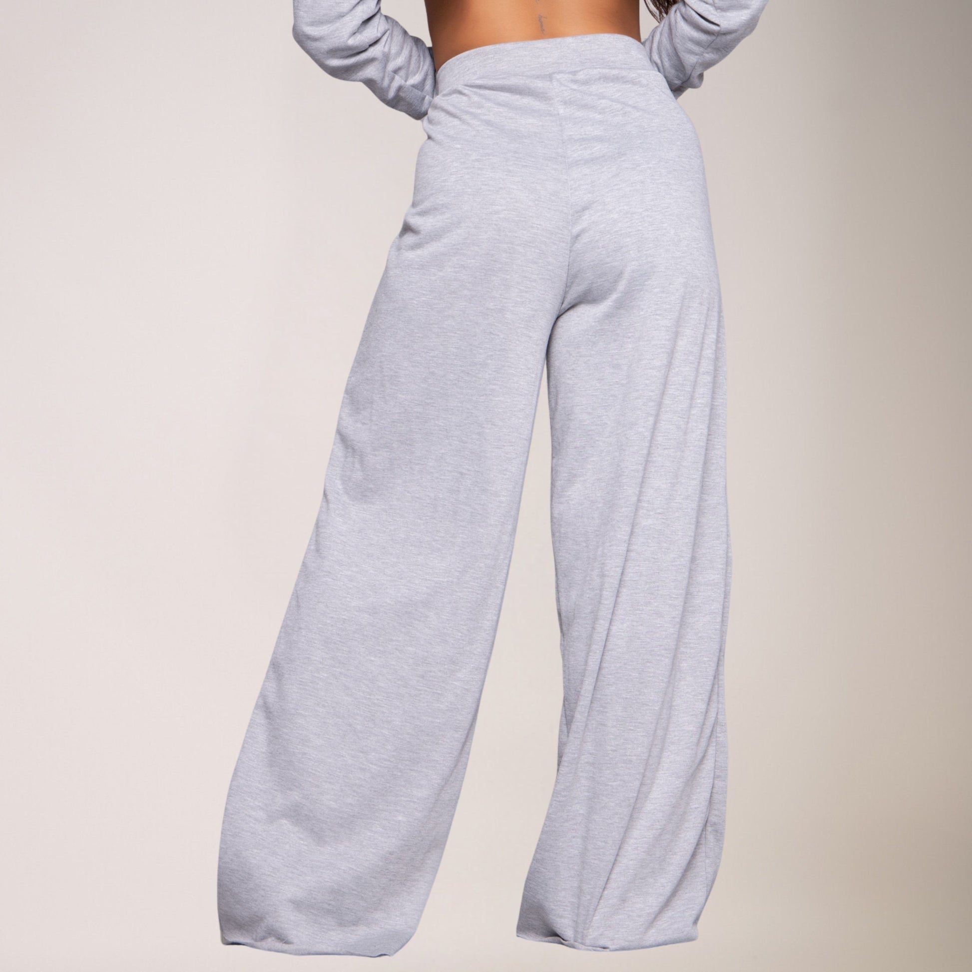 Calça Wide Leg Pantalona Cintura Alta Bolso Moletinho Cinza - VEKYO
