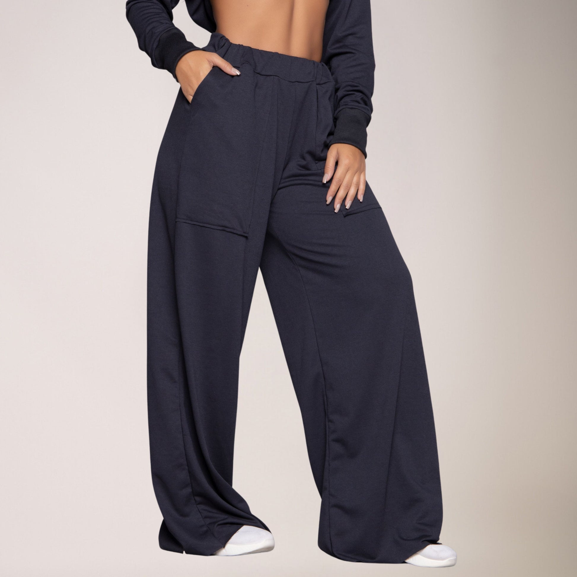 Calça Wide Leg Pantalona Cintura Alta Bolso Moletinho Preto - VEKYO