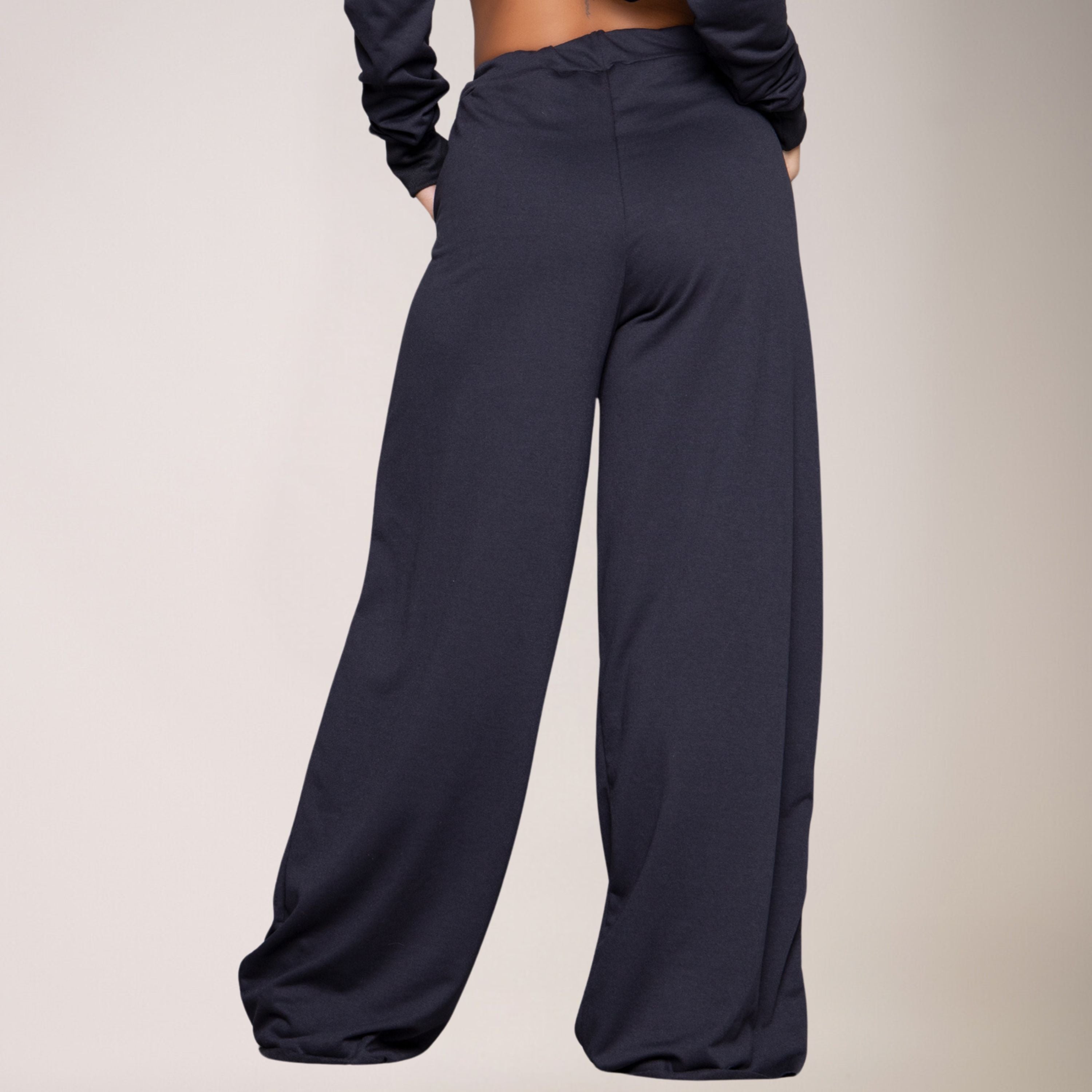 Calça Wide Leg Pantalona Cintura Alta Bolso Moletinho Preto - VEKYO