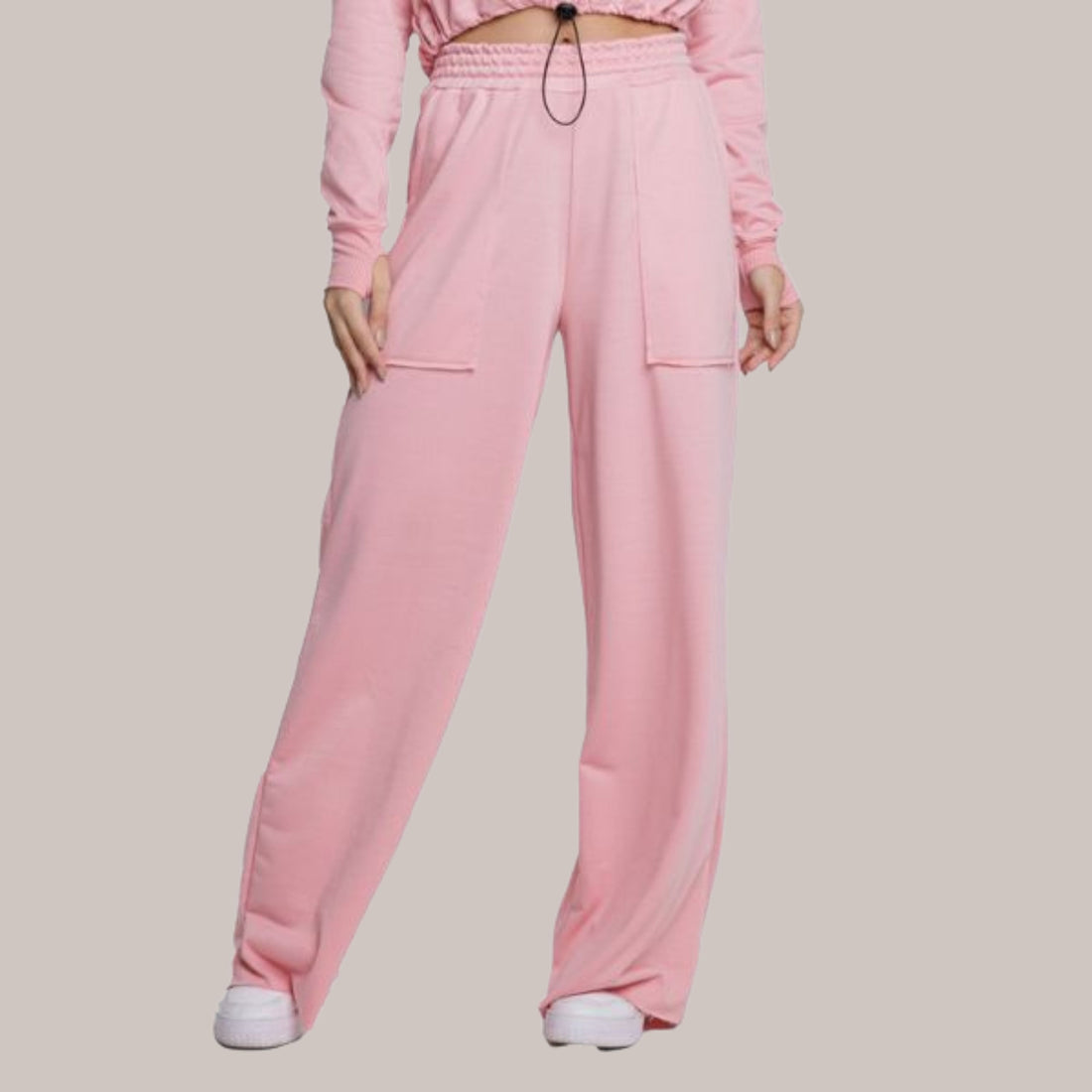 Calça Wide Leg Pantalona Cintura Alta Bolso Moletinho Rosa - VEKYO