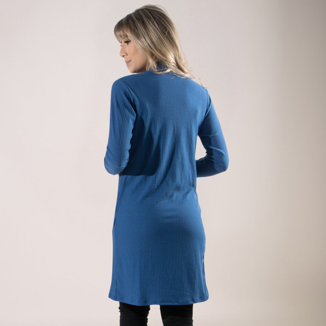 Cardigan Kimono Canelado Manga Longa Azul - VEKYO