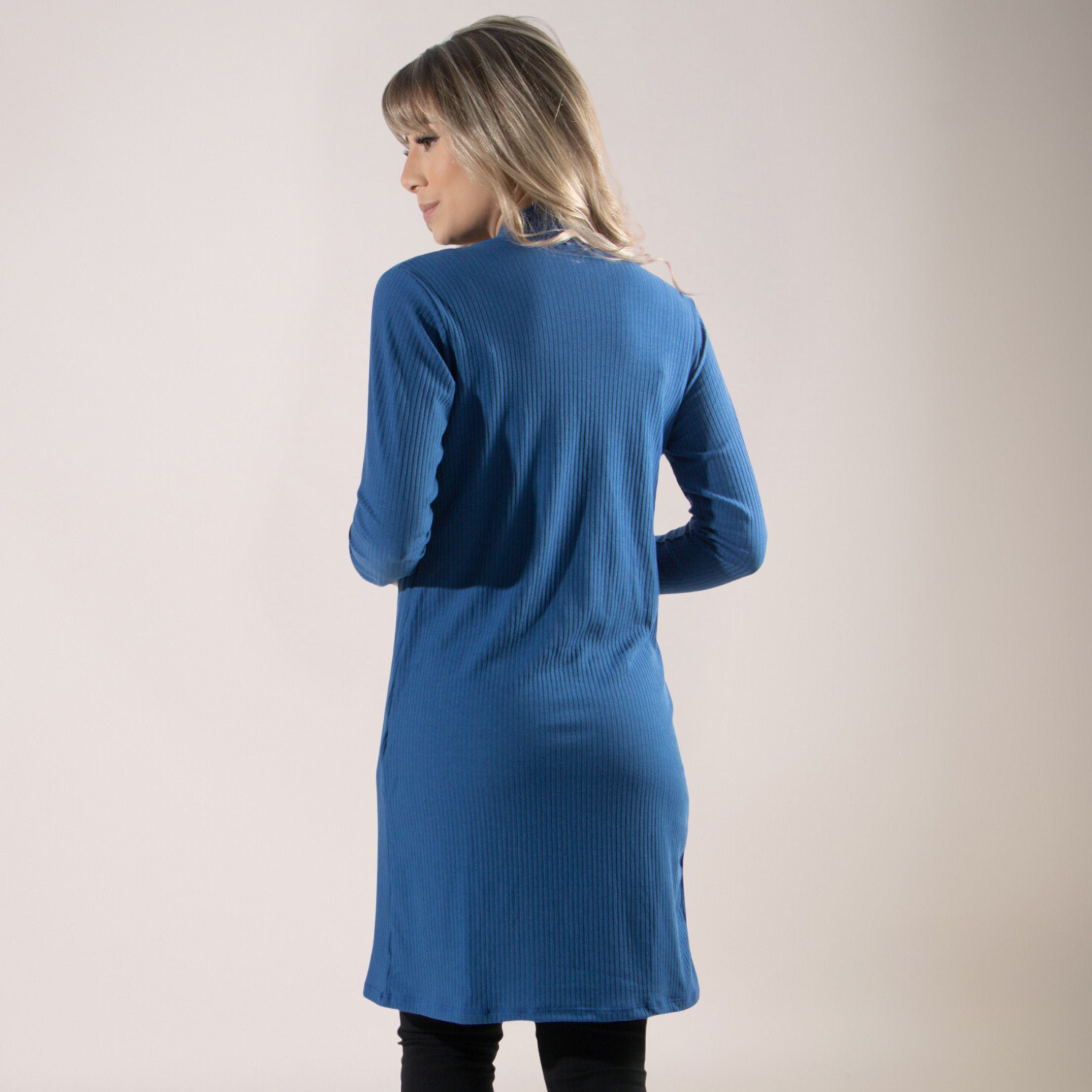 Cardigan Kimono Canelado Manga Longa Azul - VEKYO