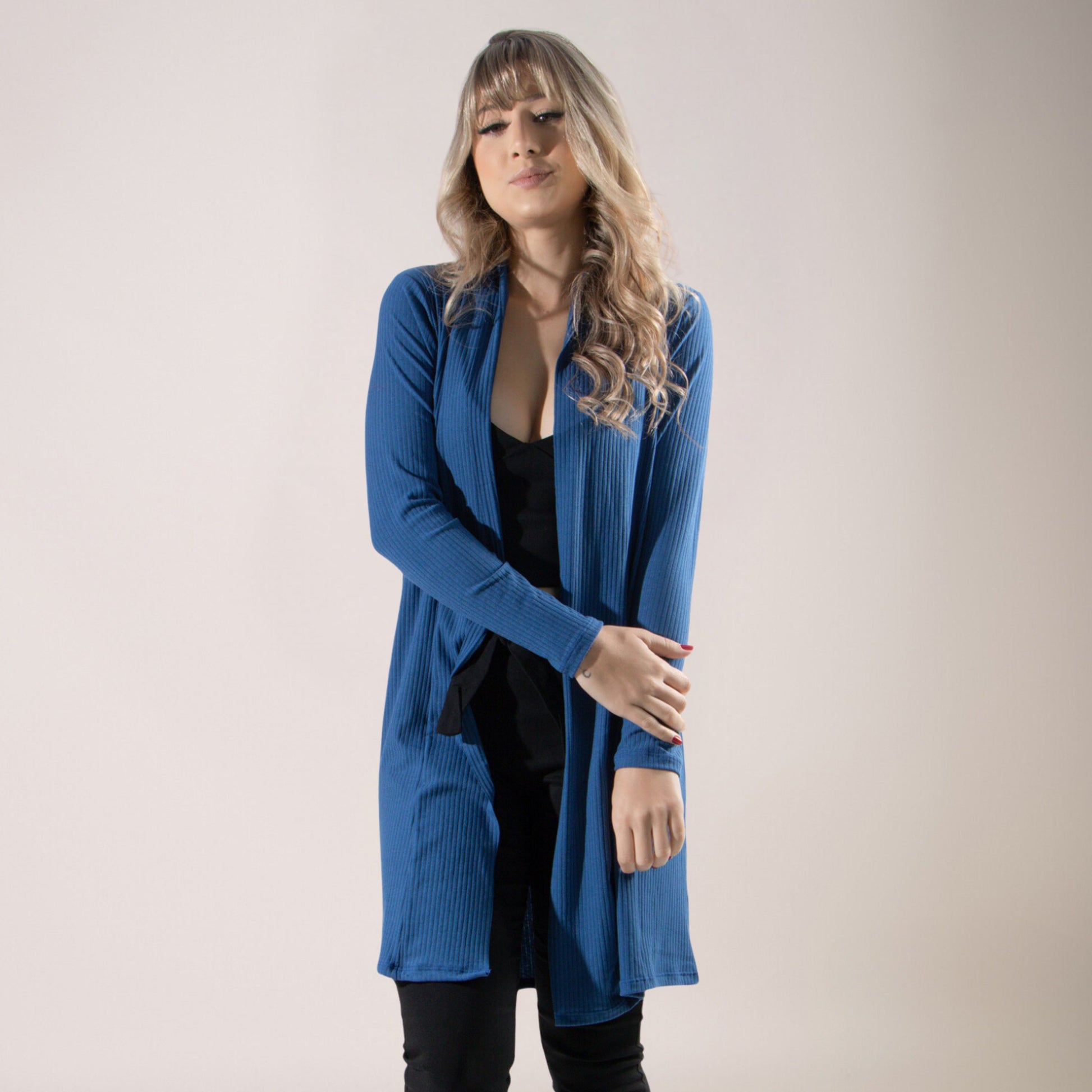 Cardigan Kimono Canelado Manga Longa Azul - VEKYO