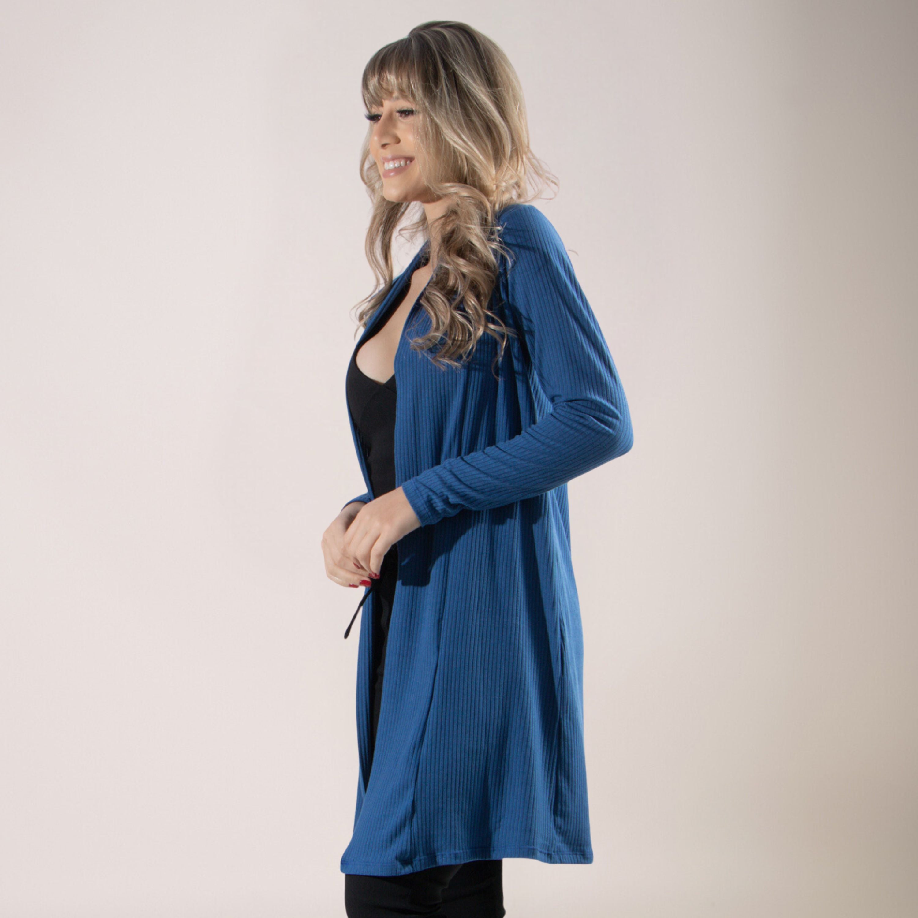 Cardigan Kimono Canelado Manga Longa Azul - VEKYO