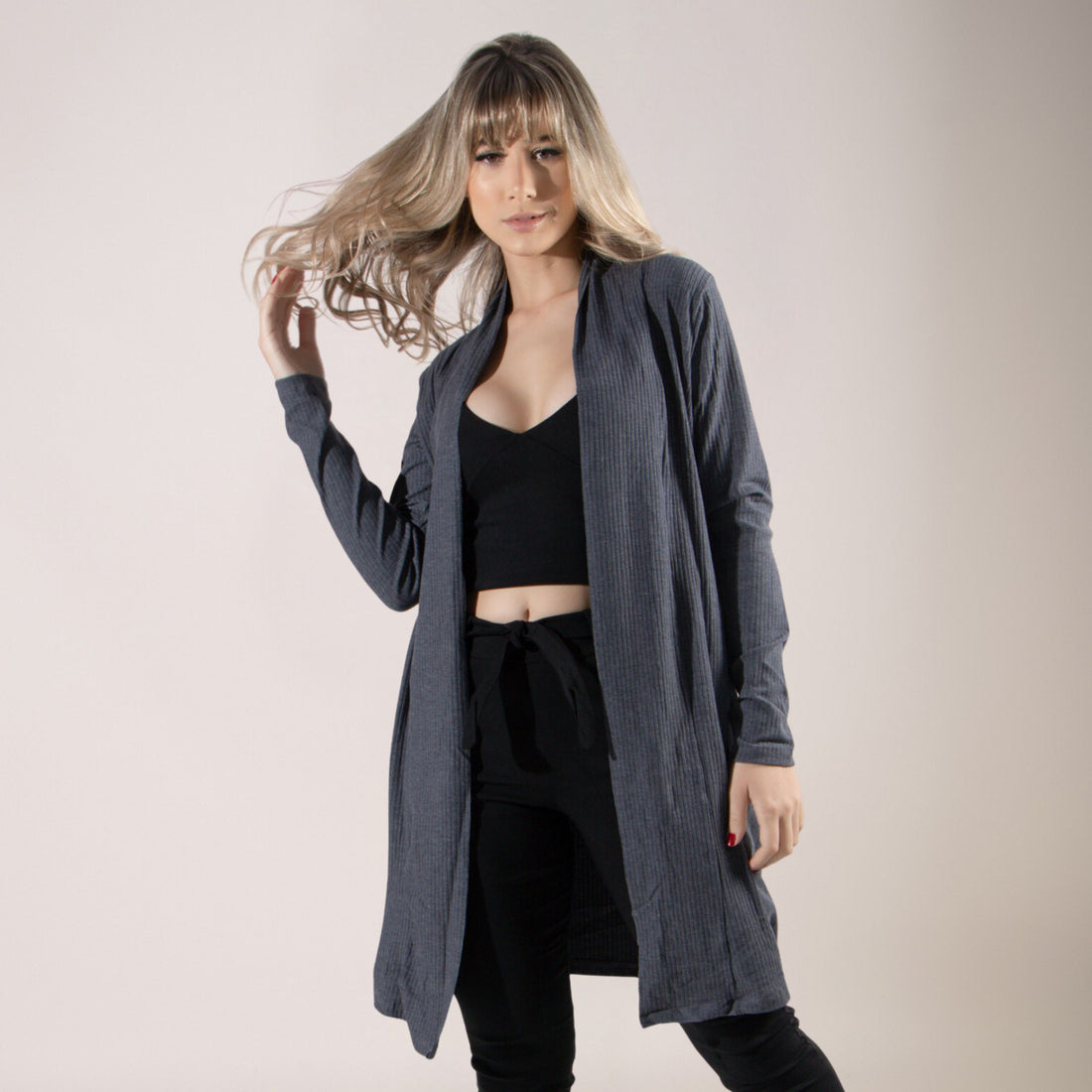 Cardigan Kimono Canelado Manga Longa Chumbo - VEKYO