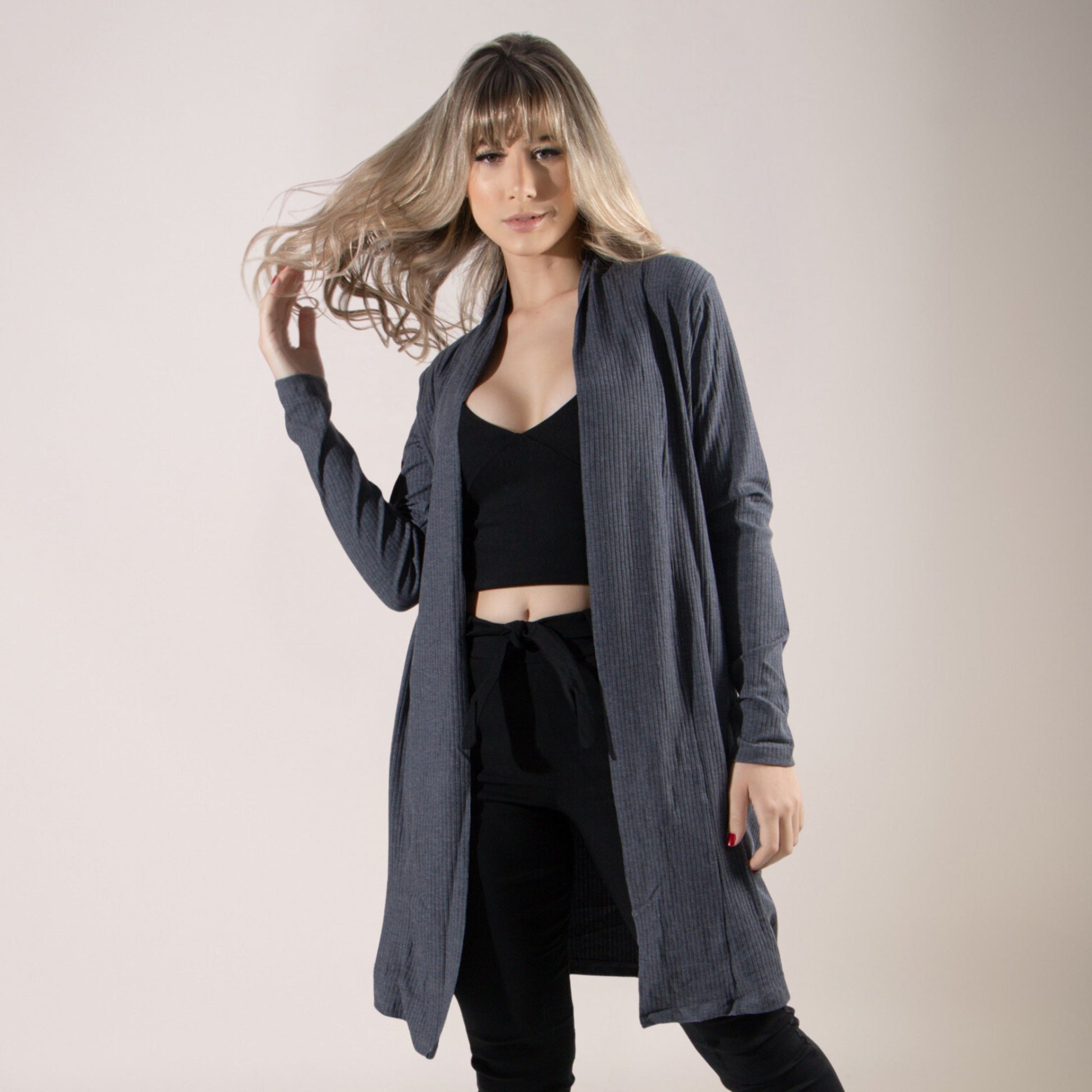 Cardigan Kimono Canelado Manga Longa Chumbo - VEKYO