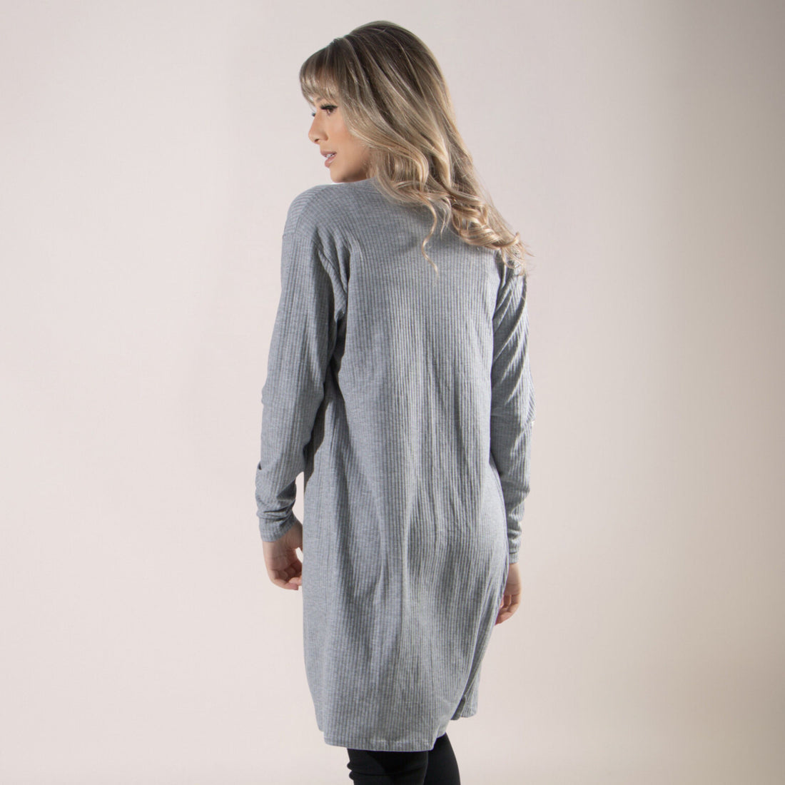 Cardigan Kimono Canelado Manga Longa Cinza - VEKYO
