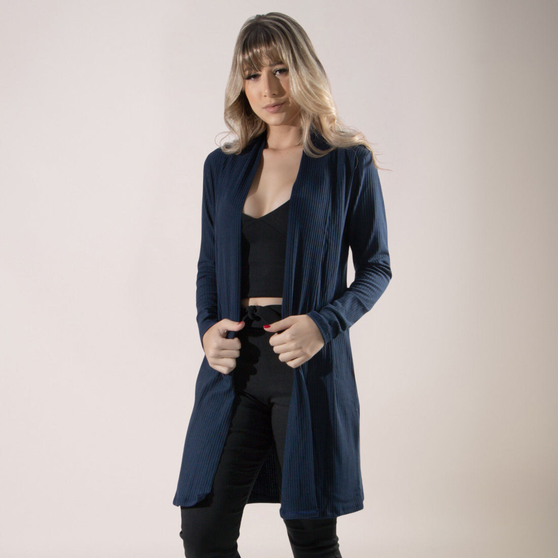 Cardigan Kimono Canelado Manga Longa Marinho - VEKYO