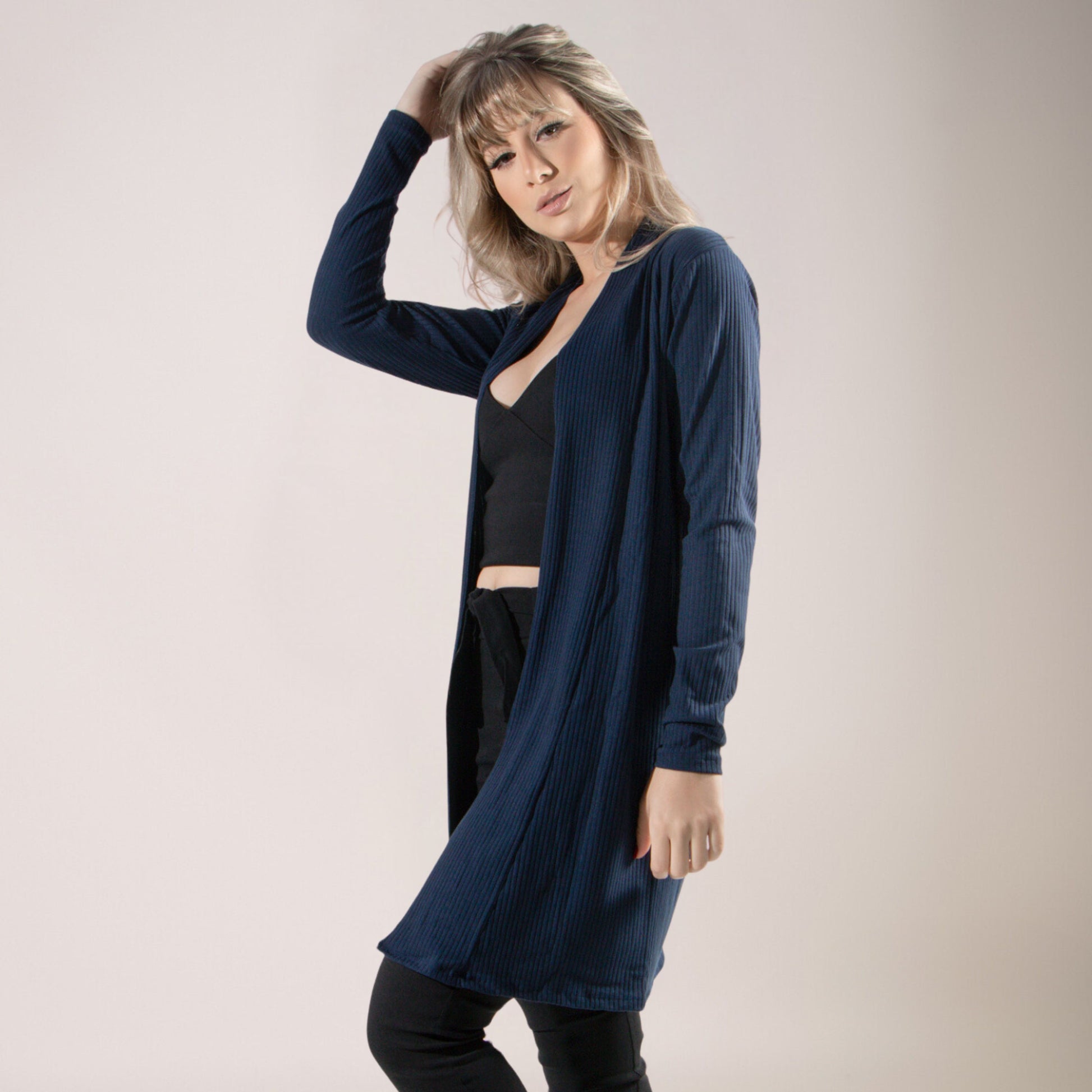 Cardigan Kimono Canelado Manga Longa Marinho - VEKYO