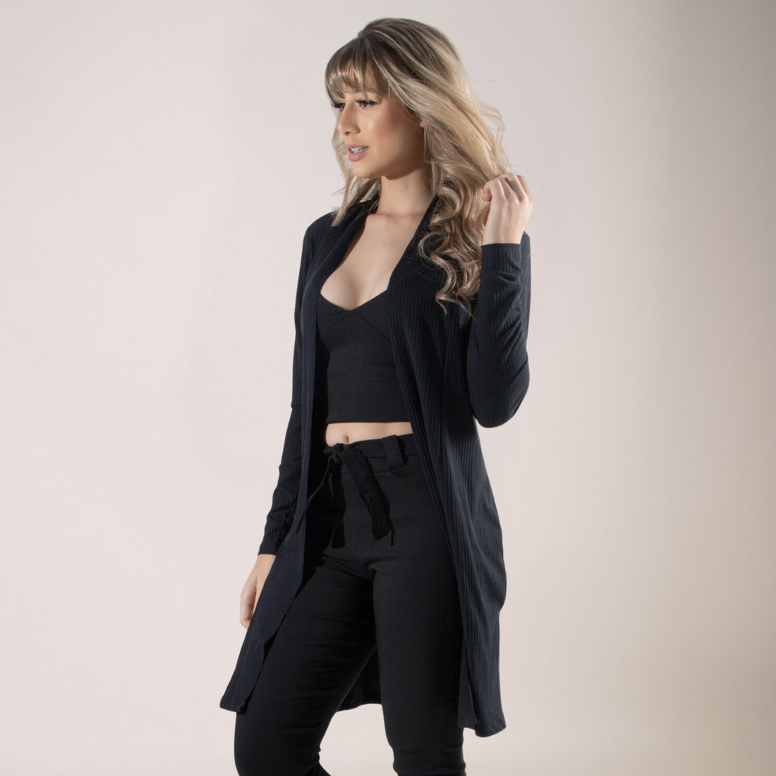 Cardigan Kimono Canelado Manga Longa Preto - VEKYO