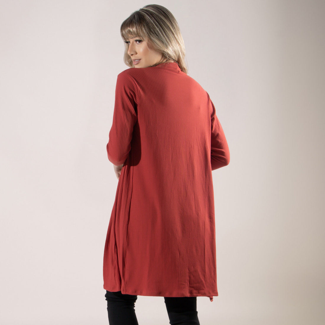 Cardigan Kimono Canelado Manga Longa Terracota - VEKYO