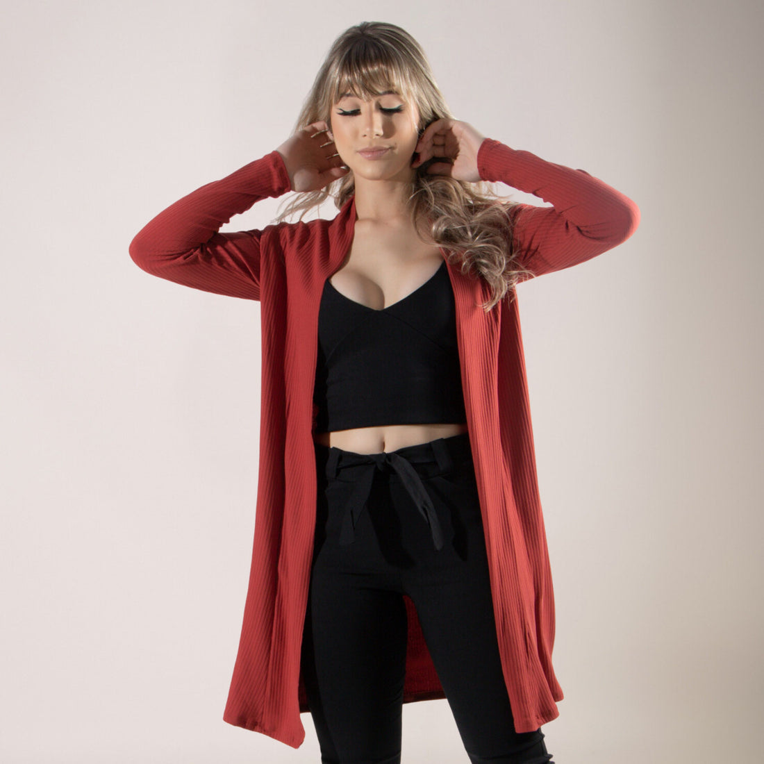 Cardigan Kimono Canelado Manga Longa Terracota - VEKYO