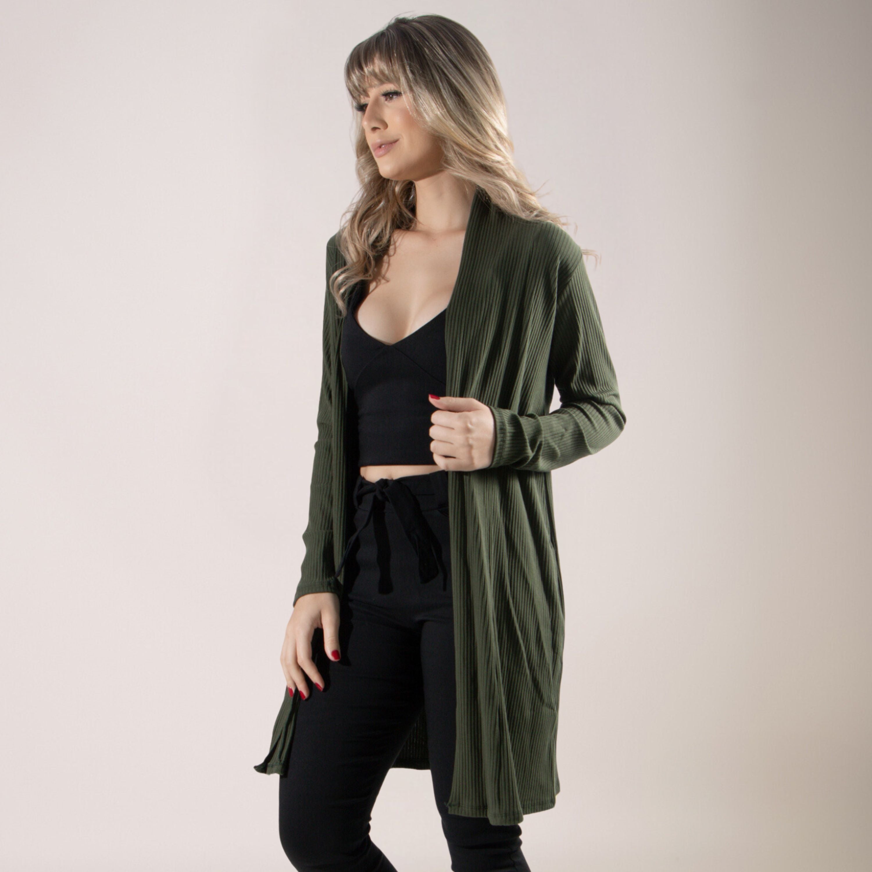 Cardigan Kimono Canelado Manga Longa Verde - VEKYO
