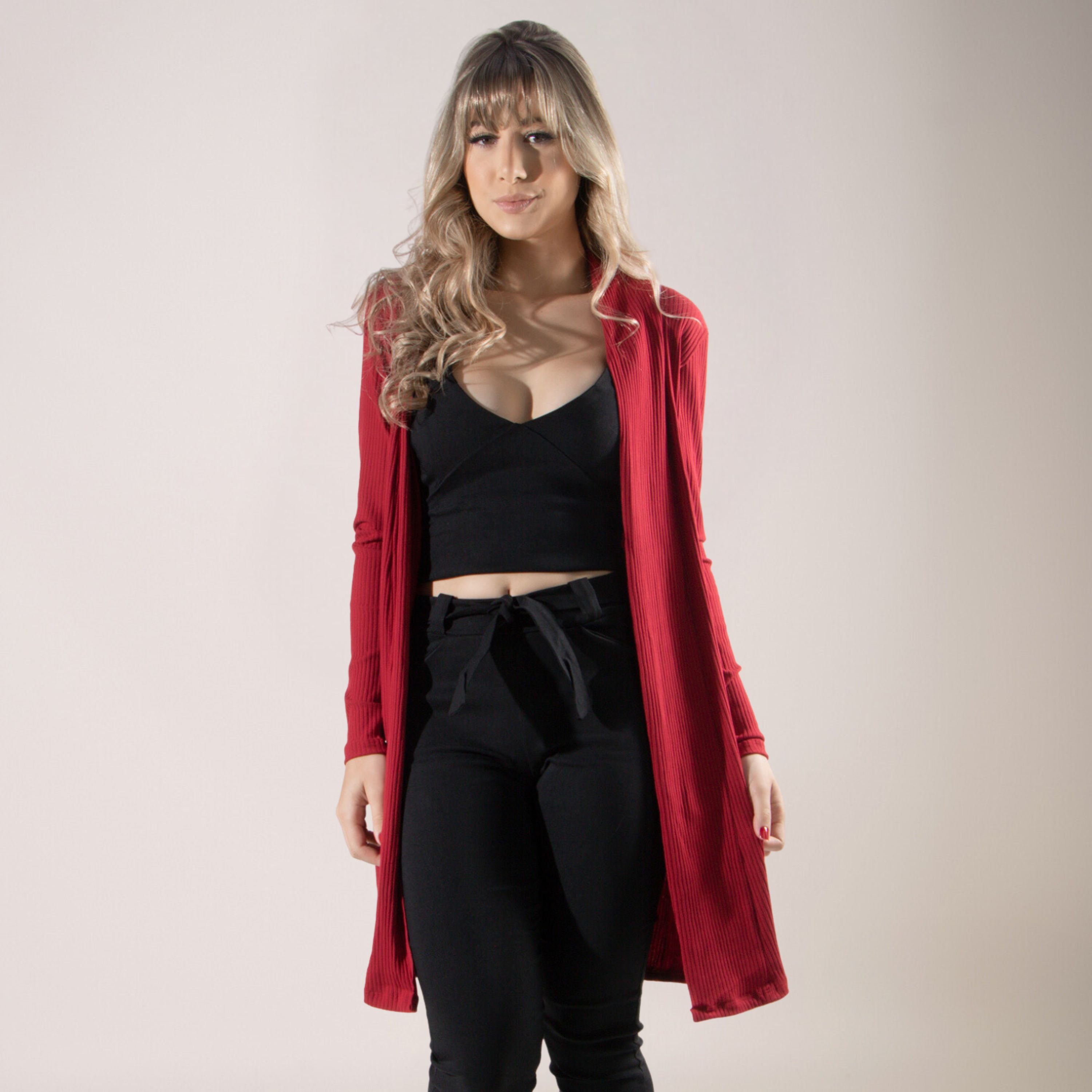 Cardigan Kimono Canelado Manga Longa Vermelho - VEKYO