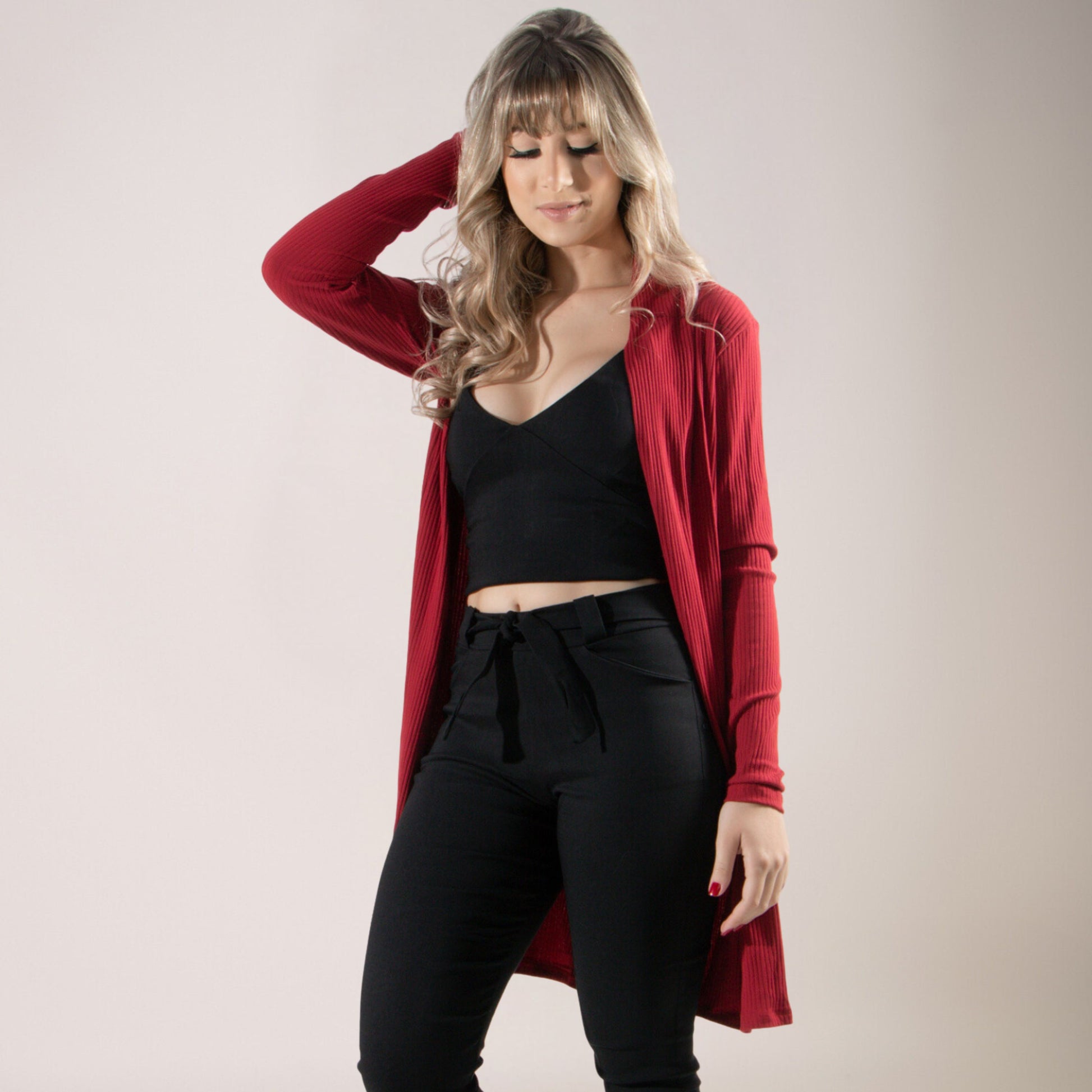 Cardigan Kimono Canelado Manga Longa Vermelho - VEKYO