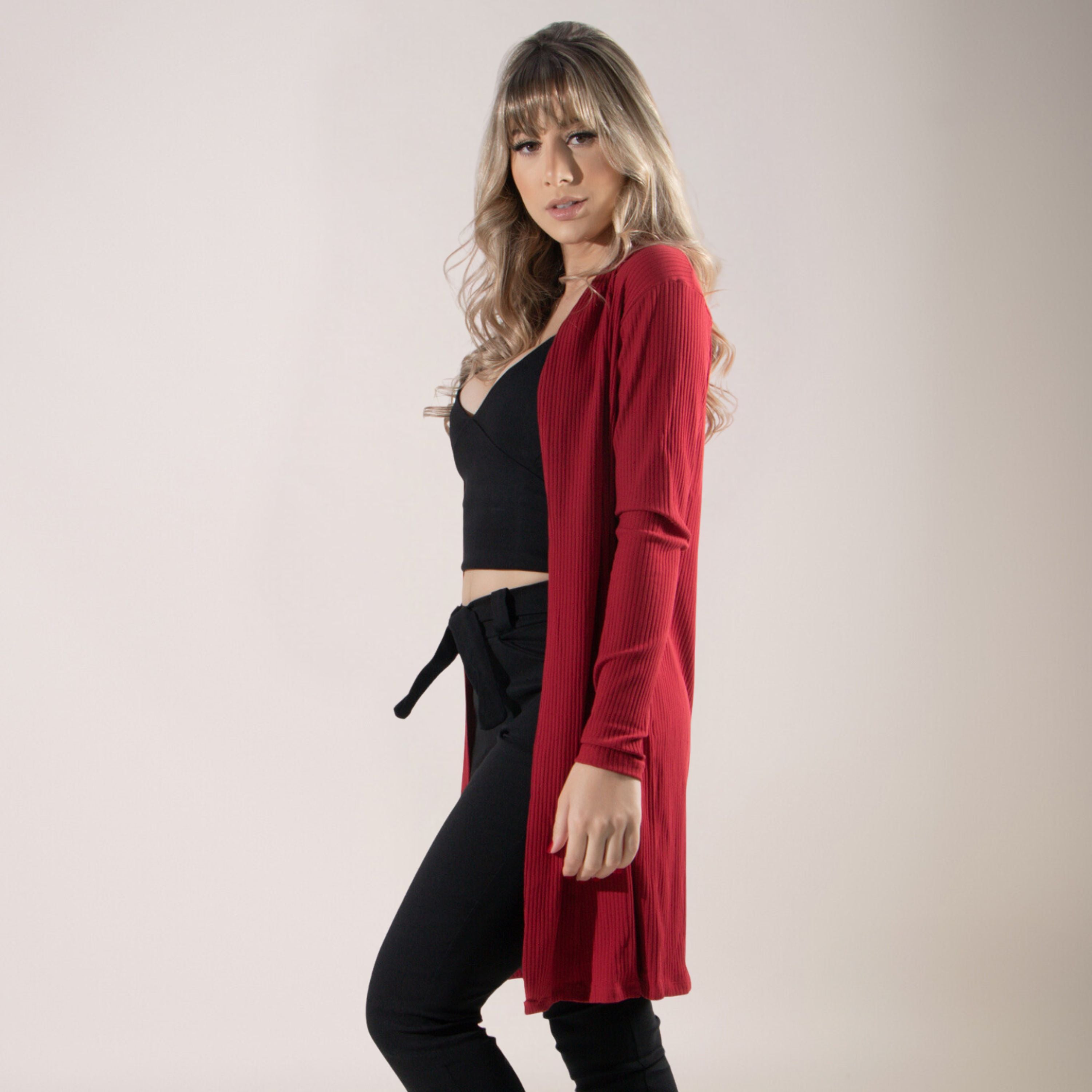 Cardigan Kimono Canelado Manga Longa Vermelho - VEKYO