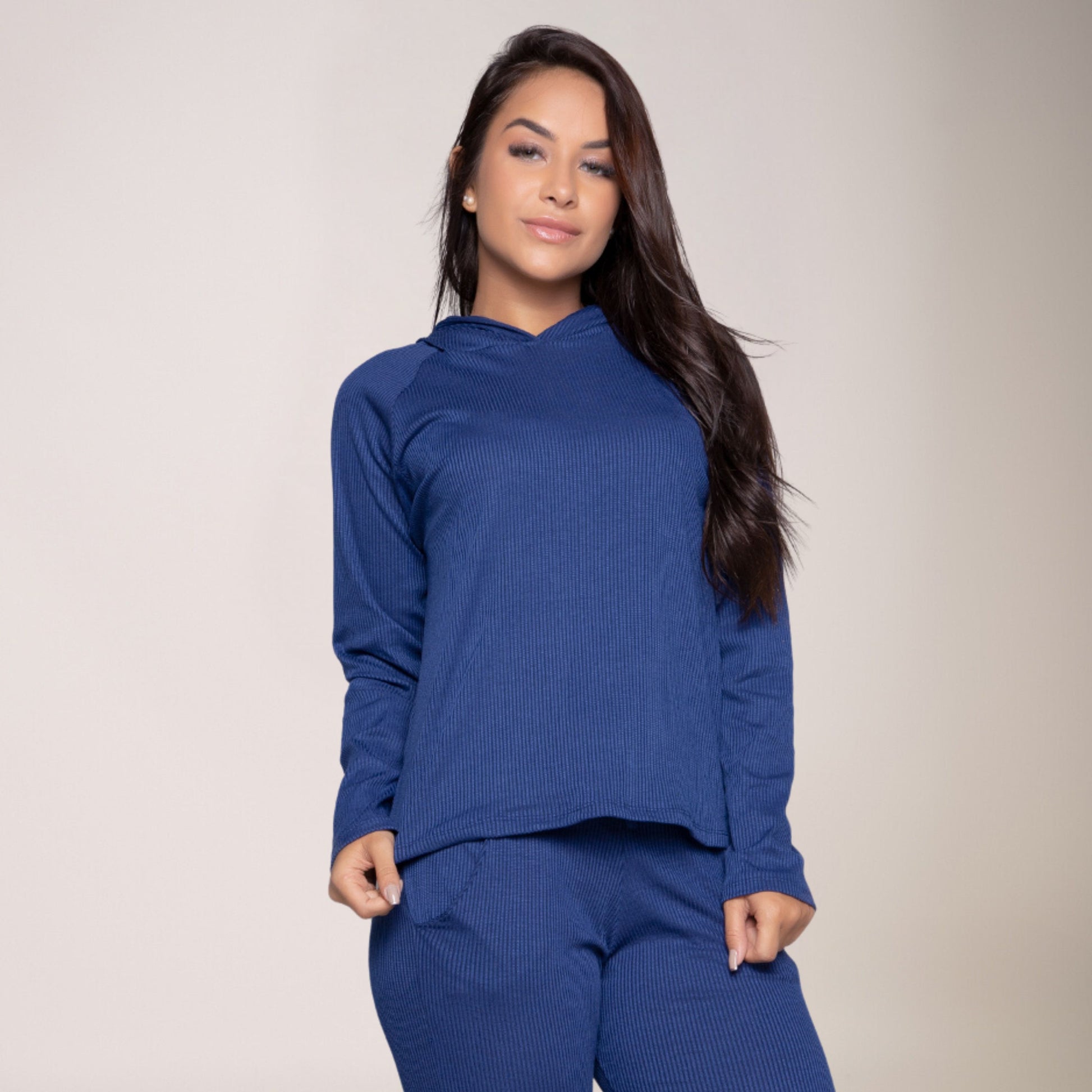 Casaco Feminino Canelada Com Capuz Comfy Marinho - VEKYO