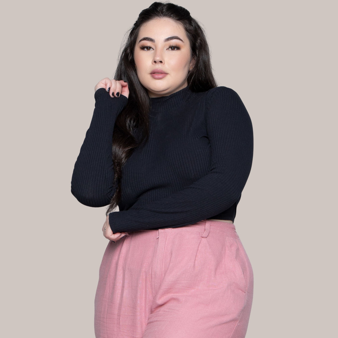 Cropped Canelado Gola Alta e Manga Longa Costa Nua - VEKYO