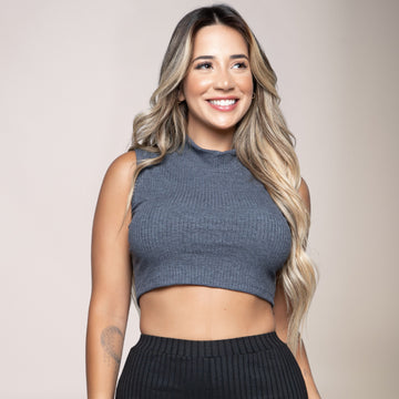 Cropped Canelado Regata Gola Alta Garrafinha Chumbo - VEKYO